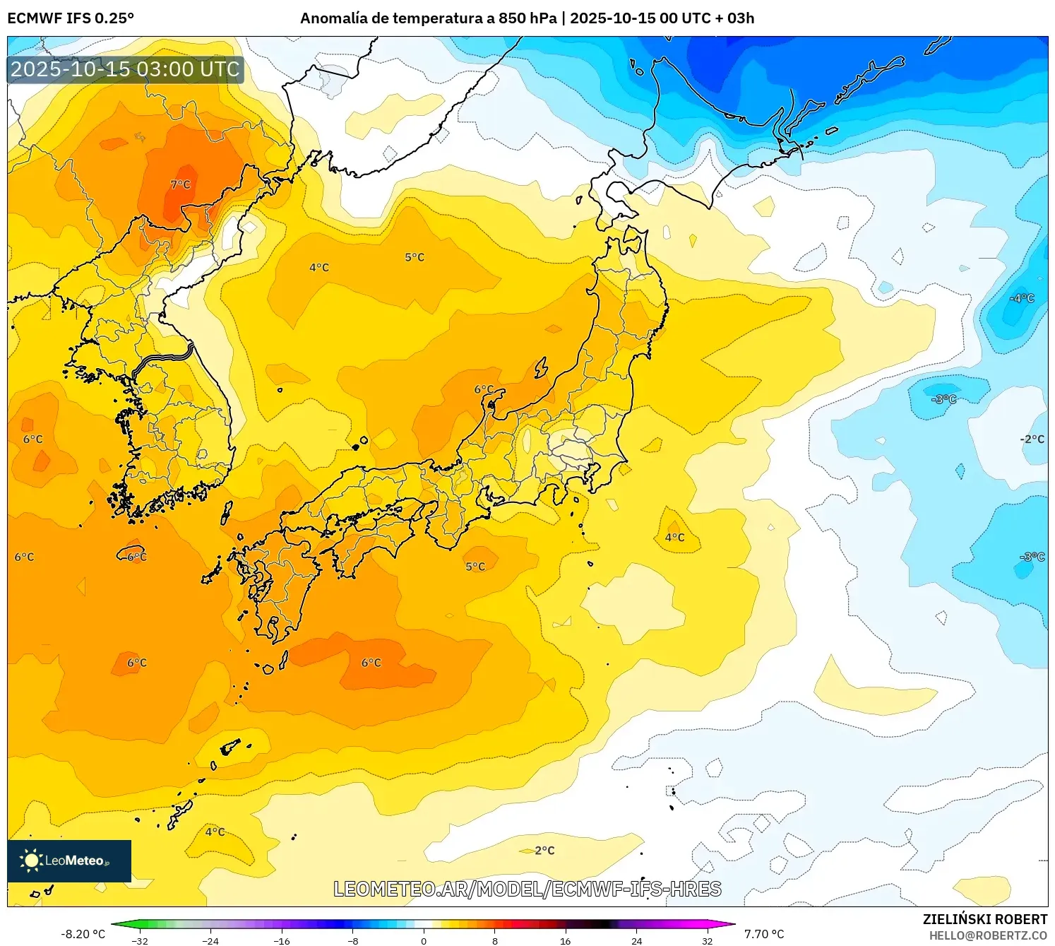 ECMWF IFS 0.25° model - Japón, Anomalía de temperatura a 850 hPa ECMWF IFS 0.25° model - Japón, Anomalía de temperatura a 850 hPa