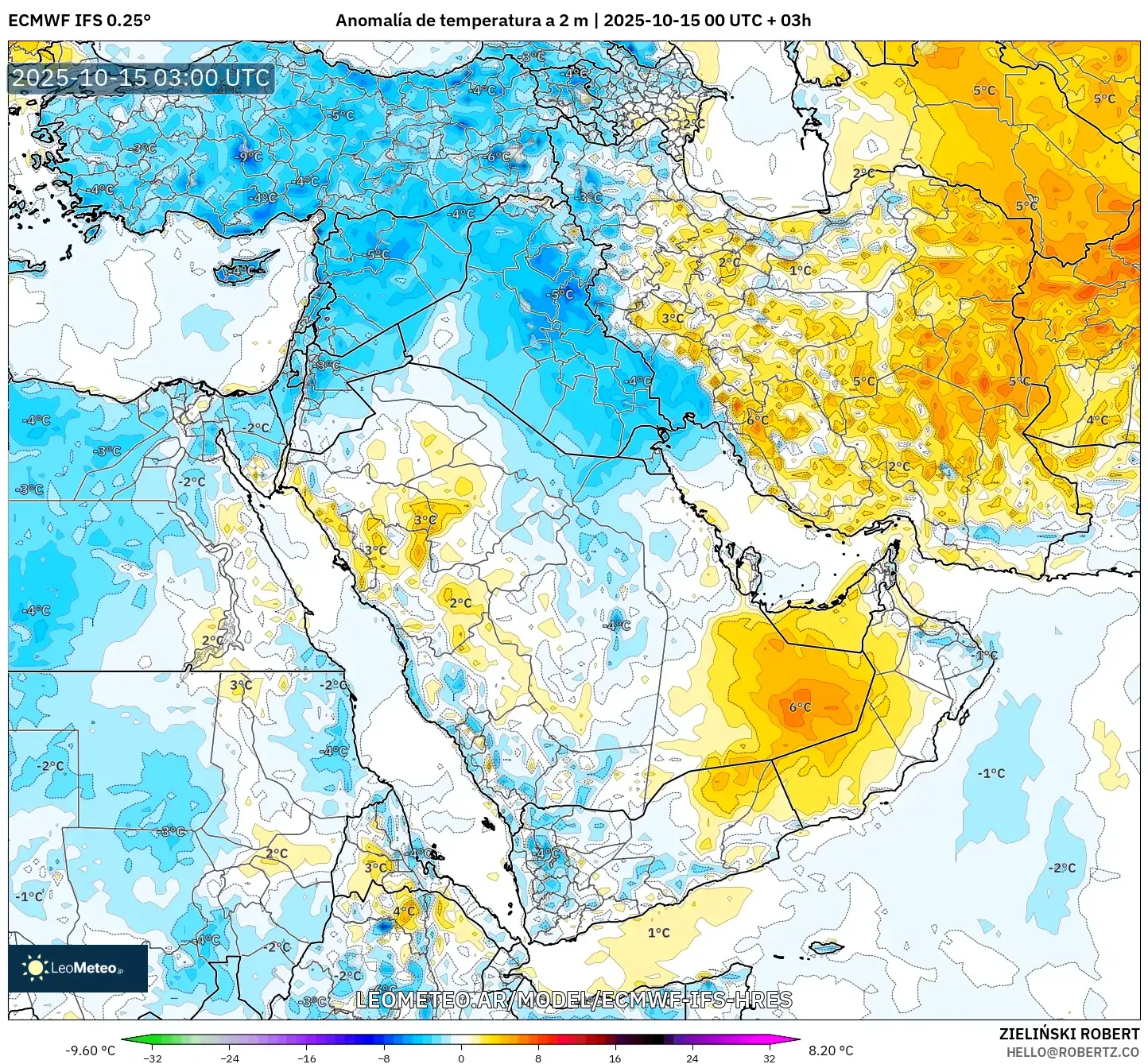 ECMWF IFS 0.25° model - Oriente Medio, Anomalía de temperatura a 2 m ECMWF IFS 0.25° model - Oriente Medio, Anomalía de temperatura a 2 m