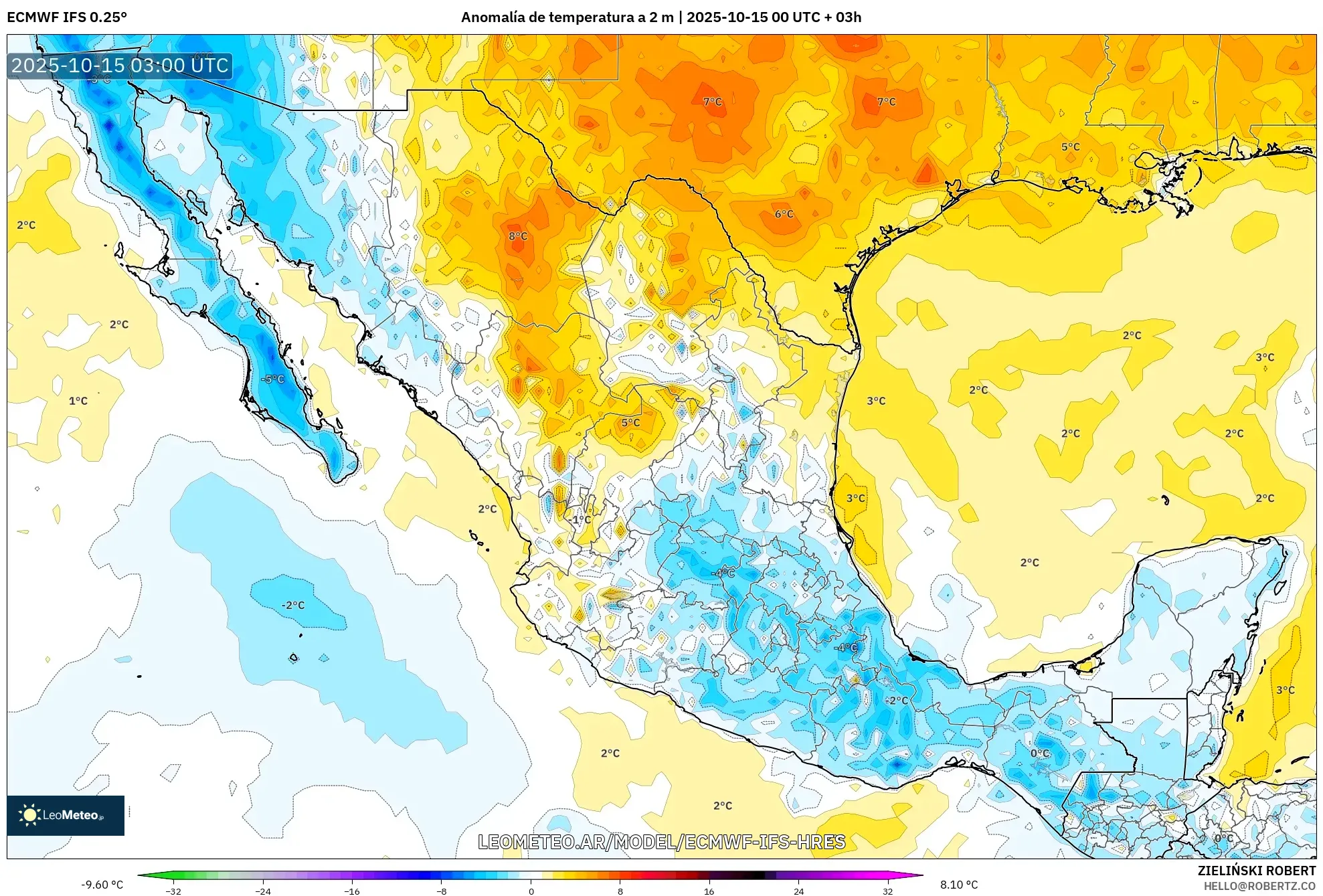 ECMWF IFS 0.25° model - México, Anomalía de temperatura a 2 m ECMWF IFS 0.25° model - México, Anomalía de temperatura a 2 m