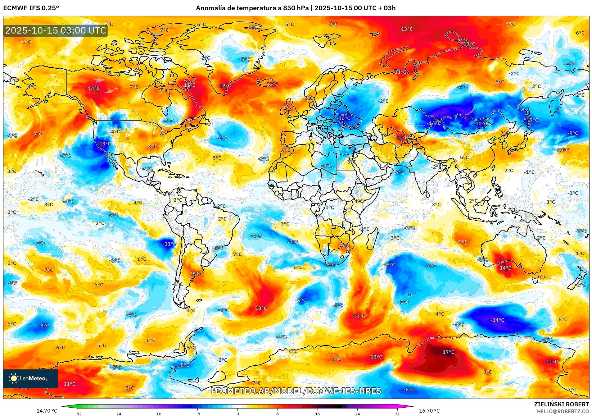 ECMWF IFS 0.25° model - Mundo, Anomalía de temperatura a 850 hPa ECMWF IFS 0.25° model - Mundo, Anomalía de temperatura a 850 hPa