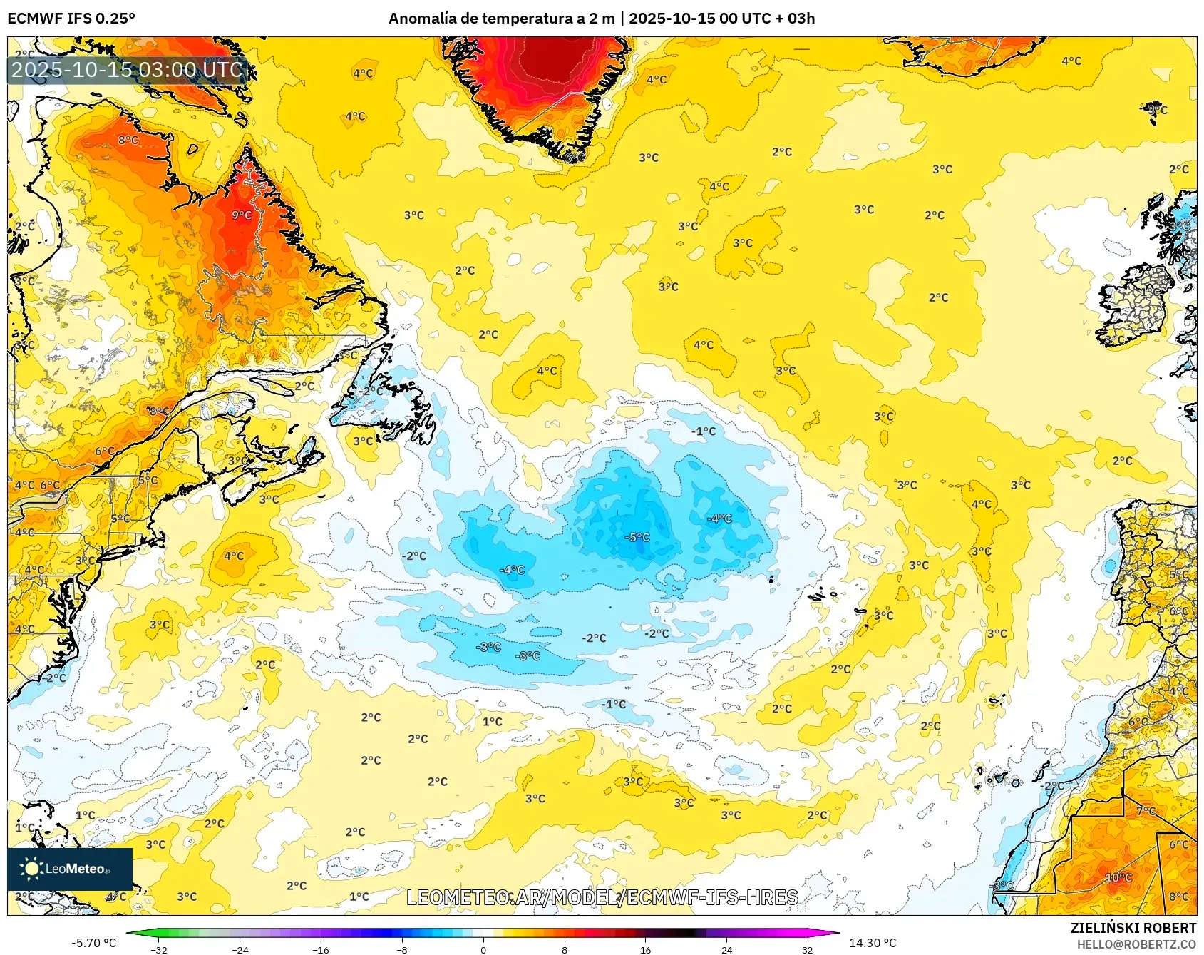 ECMWF IFS 0.25° model - Norte Atlántico, Anomalía de temperatura a 2 m ECMWF IFS 0.25° model - Norte Atlántico, Anomalía de temperatura a 2 m