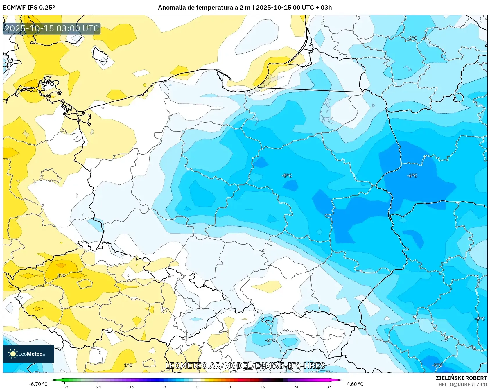 ECMWF IFS 0.25° model - Polonia, Anomalía de temperatura a 2 m