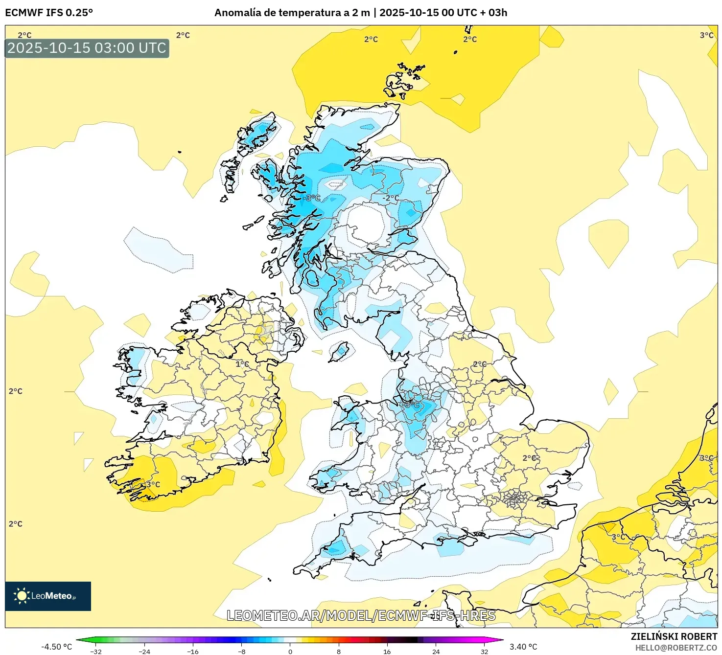 ECMWF IFS 0.25° model - Reino Unido, Anomalía de temperatura a 2 m ECMWF IFS 0.25° model - Reino Unido, Anomalía de temperatura a 2 m