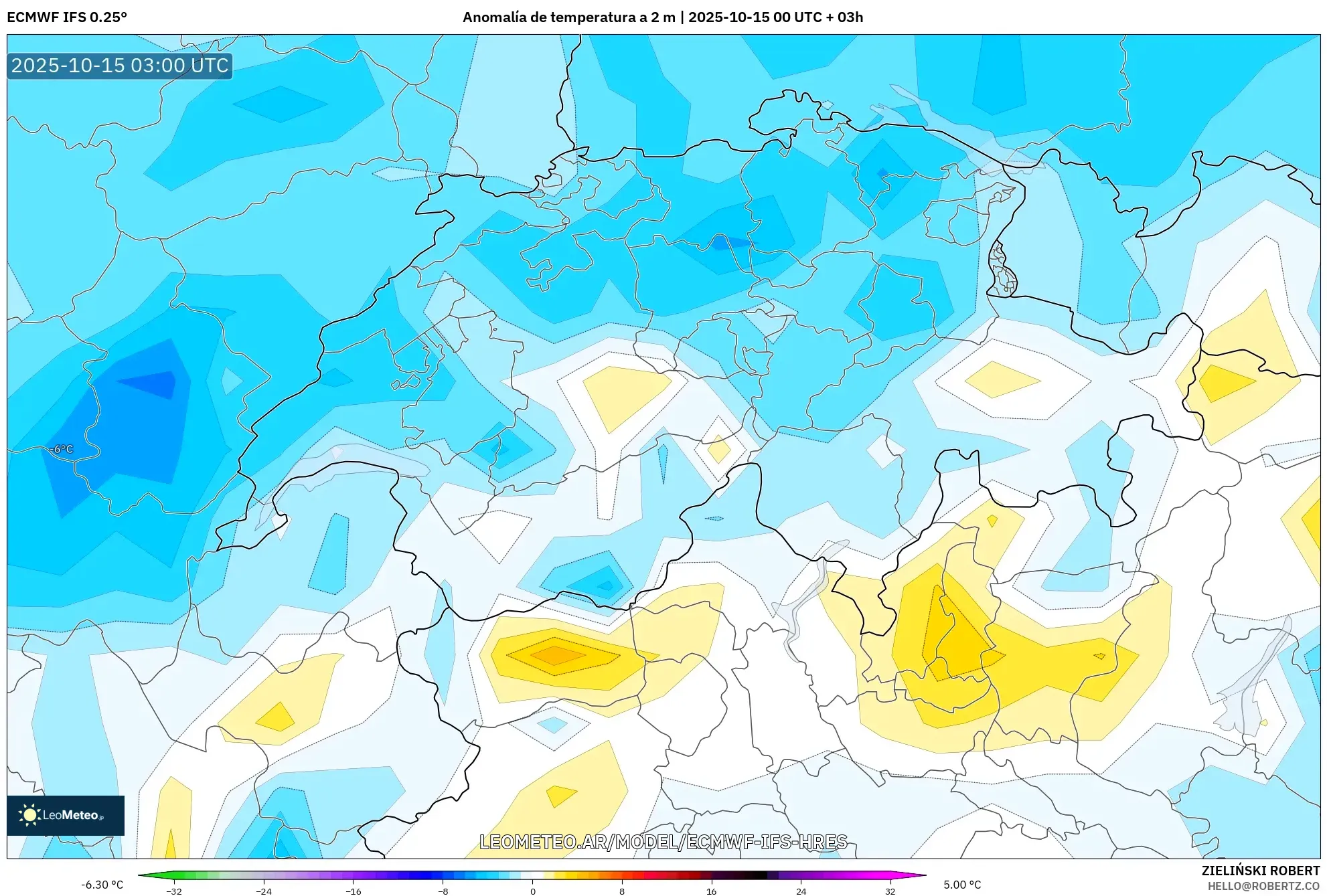 ECMWF IFS 0.25° model - Suiza, Anomalía de temperatura a 2 m ECMWF IFS 0.25° model - Suiza, Anomalía de temperatura a 2 m