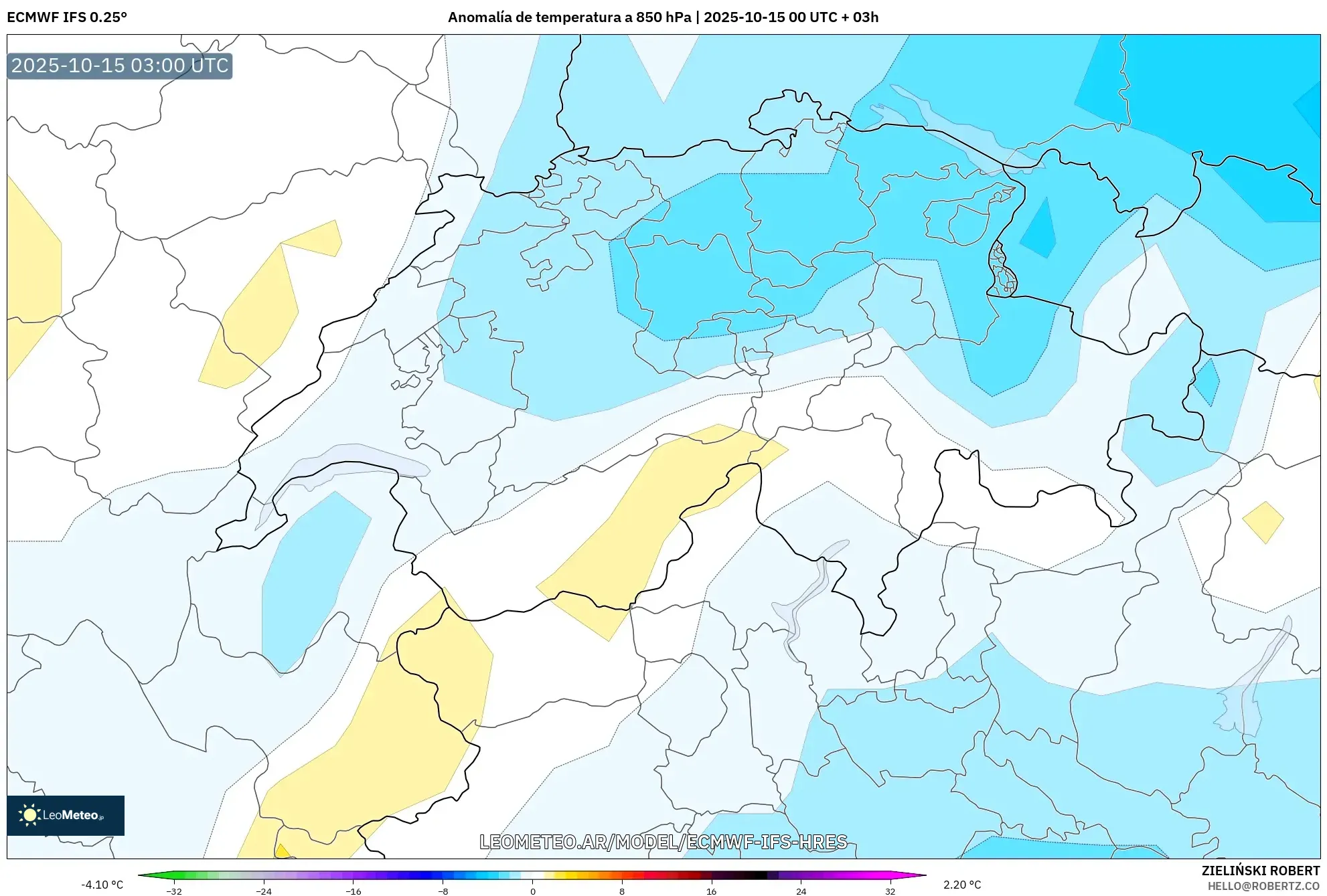 ECMWF IFS 0.25° model - Suiza, Anomalía de temperatura a 850 hPa ECMWF IFS 0.25° model - Suiza, Anomalía de temperatura a 850 hPa