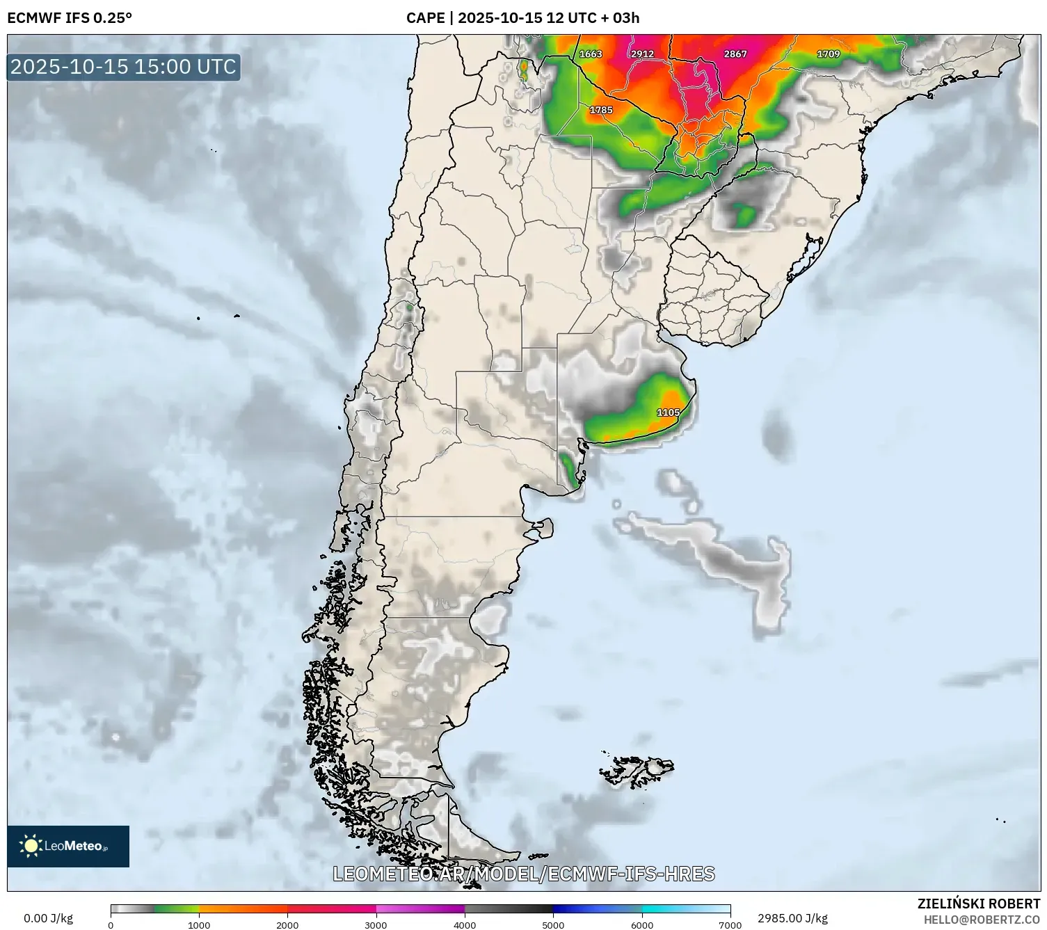 ECMWF IFS 0.25° model - Argentina, CAPE ECMWF IFS 0.25° model - Argentina, CAPE