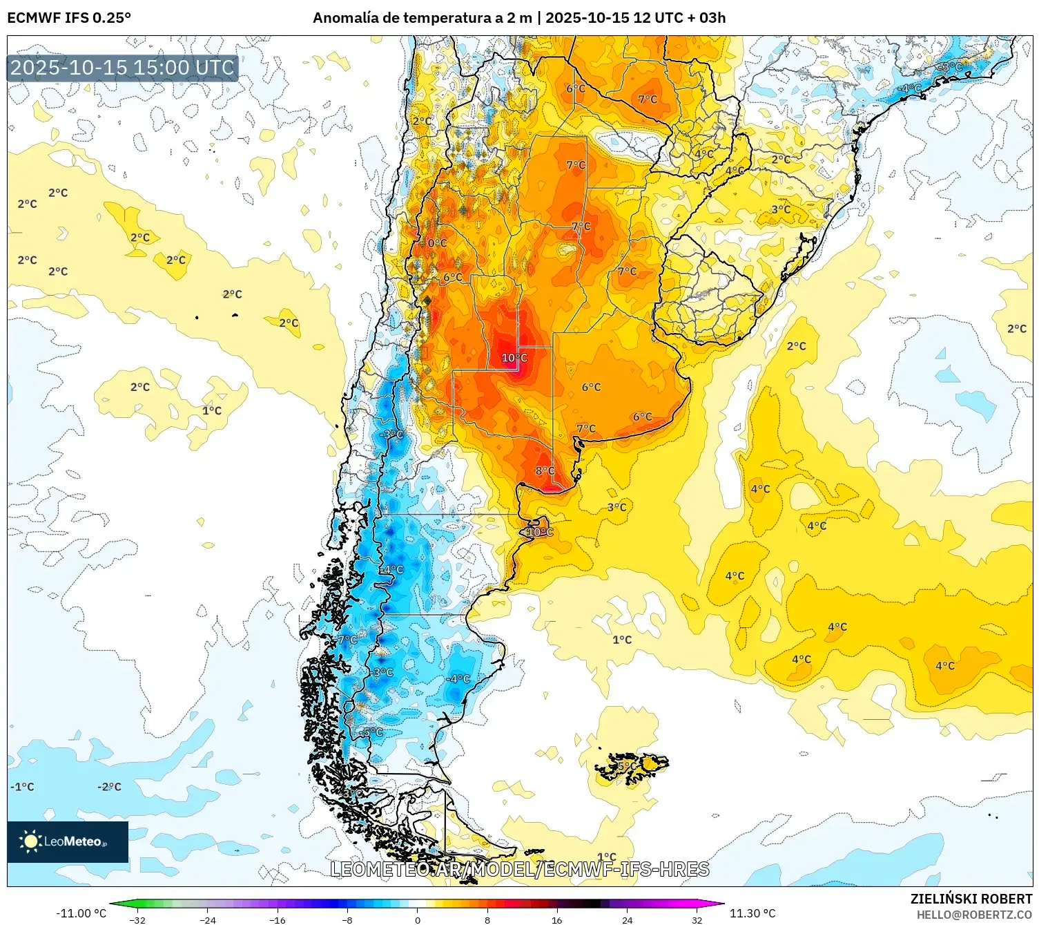 ECMWF IFS 0.25° model - Argentina, Anomalía de temperatura a 2 m ECMWF IFS 0.25° model - Argentina, Anomalía de temperatura a 2 m