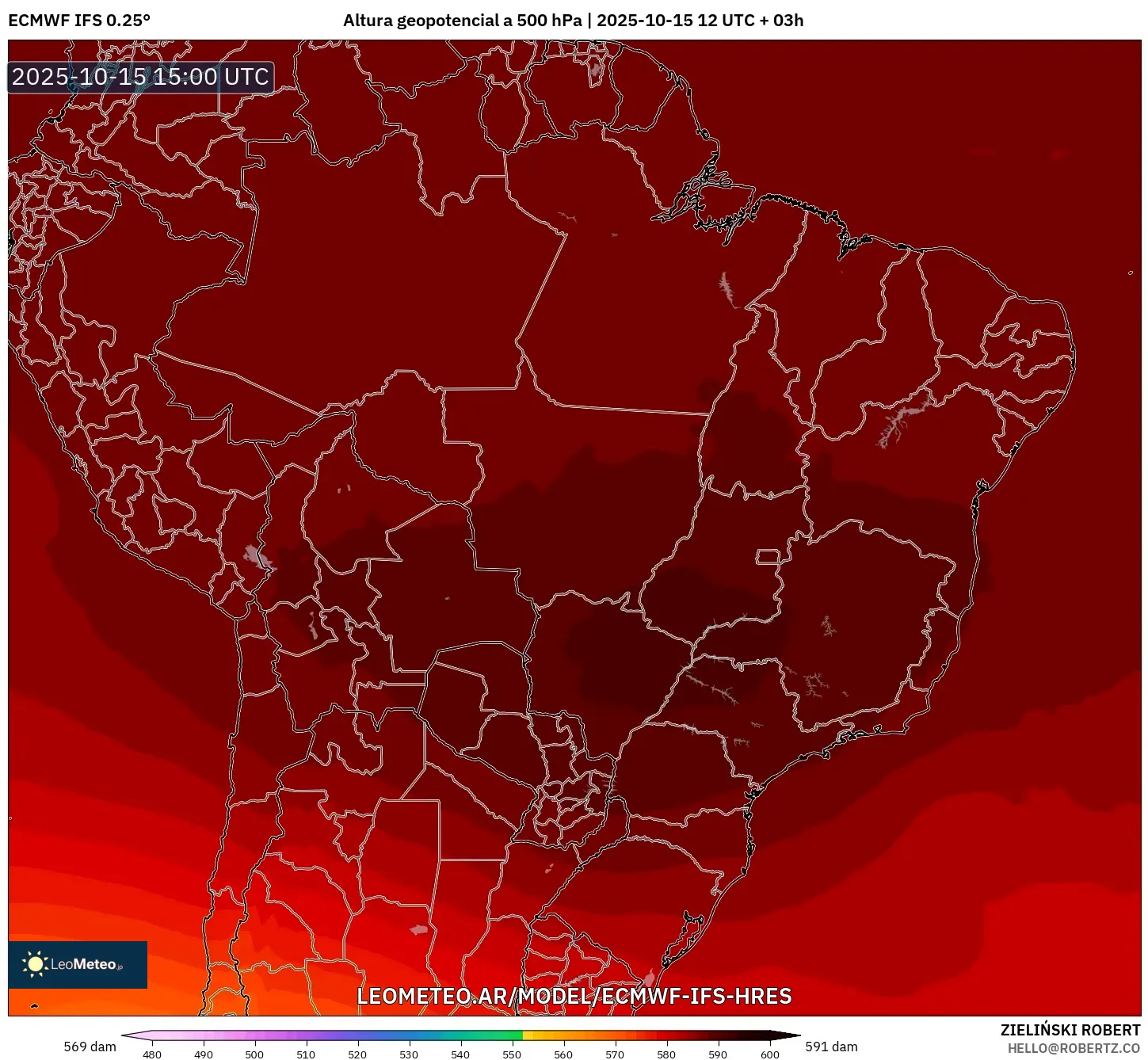 ECMWF IFS 0.25° model - Brasil, Altura geopotencial a 500 hPa ECMWF IFS 0.25° model - Brasil, Altura geopotencial a 500 hPa