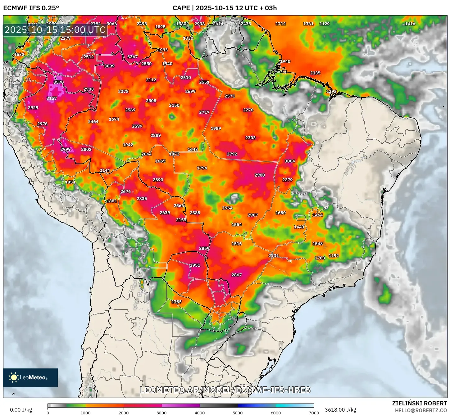 ECMWF IFS 0.25° model - Brasil, CAPE ECMWF IFS 0.25° model - Brasil, CAPE