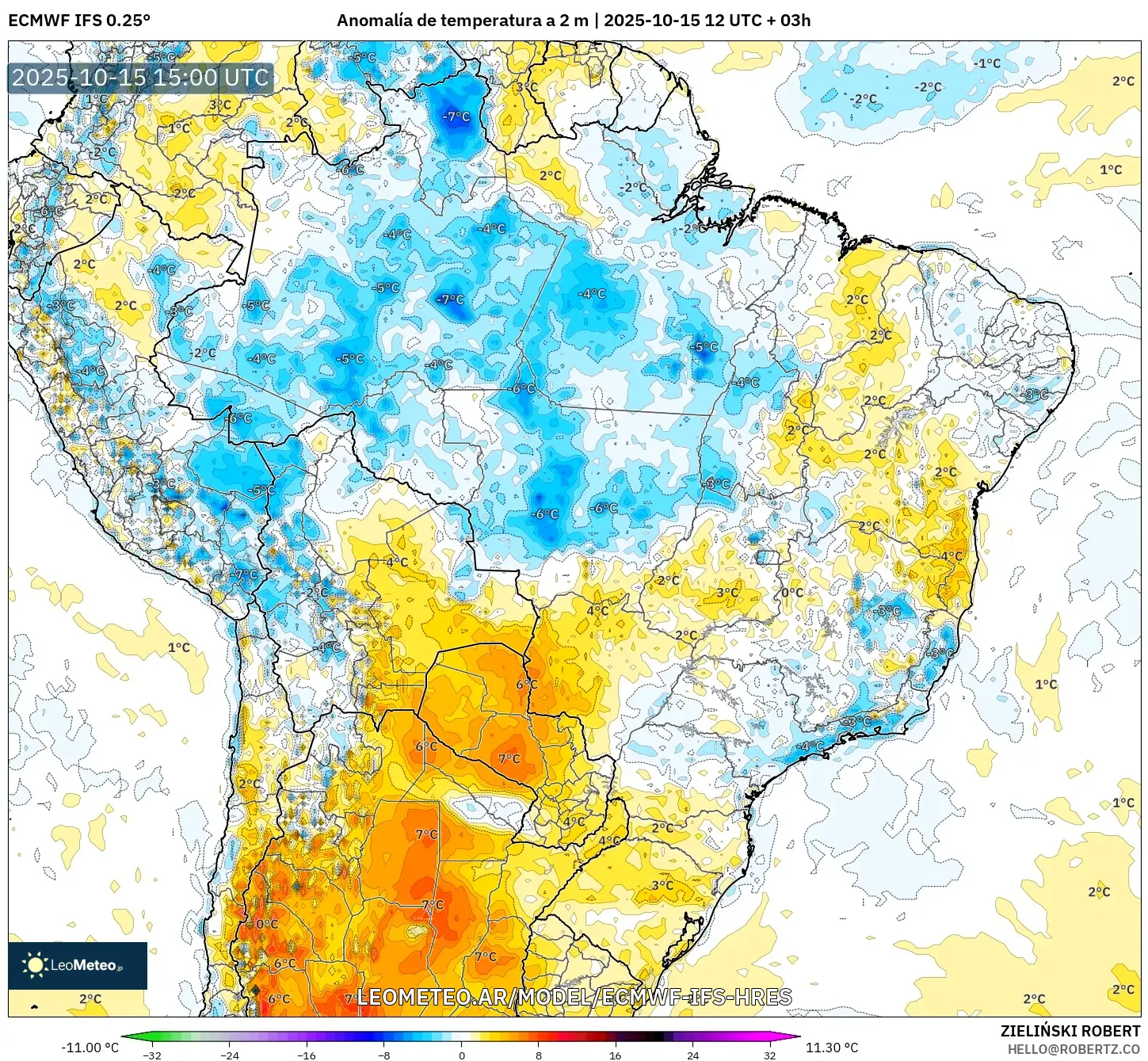 ECMWF IFS 0.25° model - Brasil, Anomalía de temperatura a 2 m ECMWF IFS 0.25° model - Brasil, Anomalía de temperatura a 2 m
