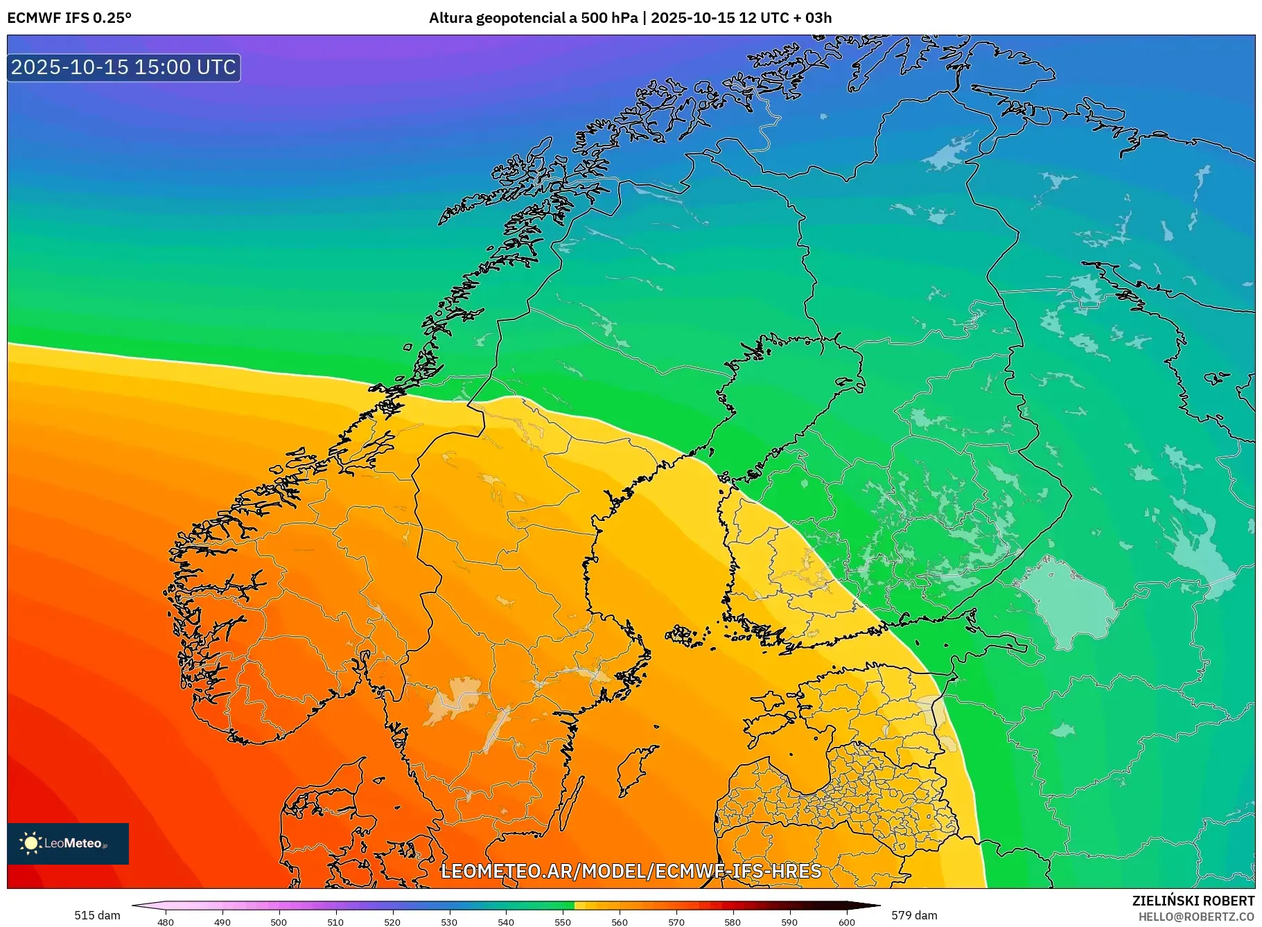 ECMWF IFS 0.25° model - Escandinavia, Altura geopotencial a 500 hPa ECMWF IFS 0.25° model - Escandinavia, Altura geopotencial a 500 hPa