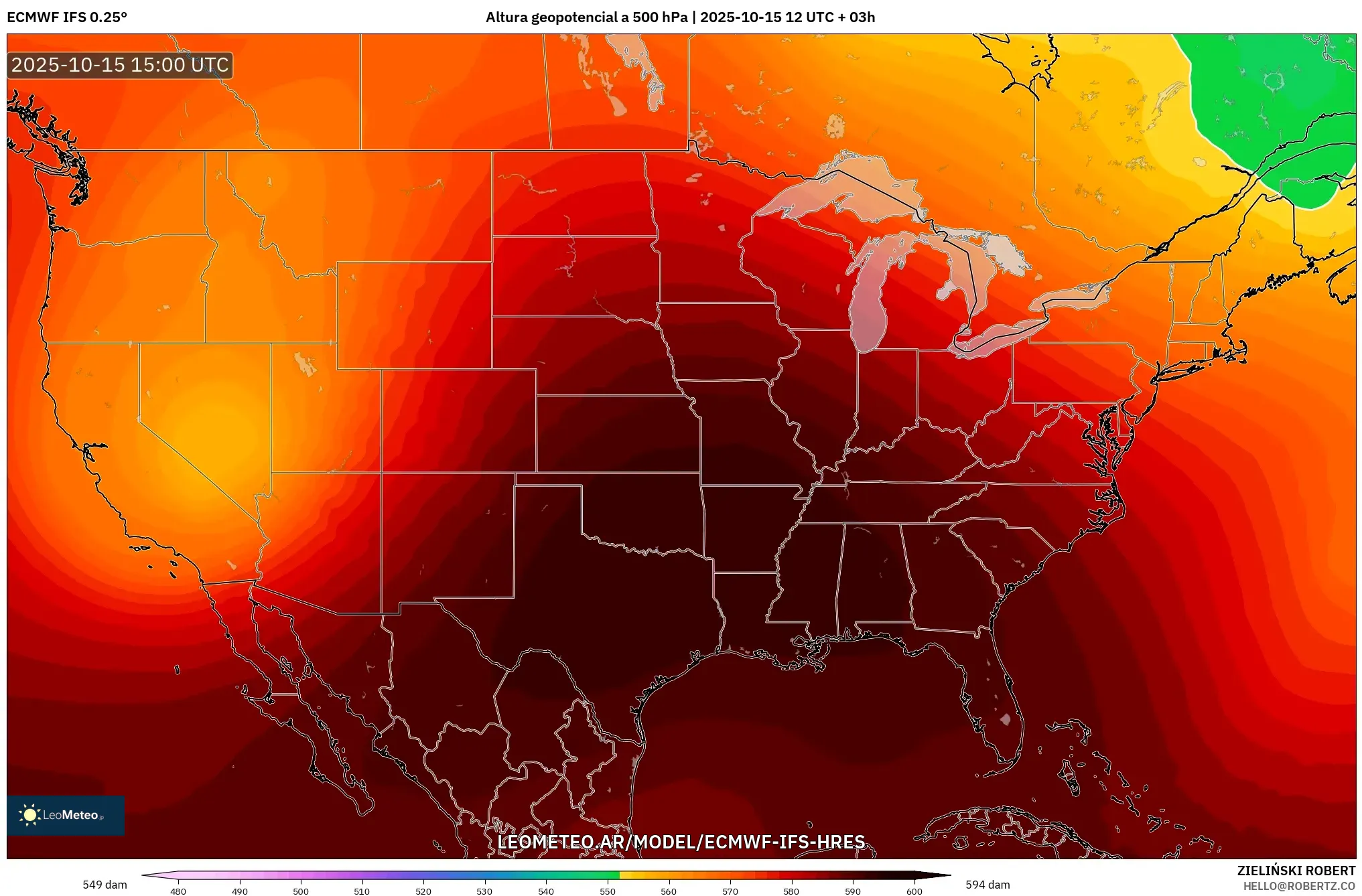 ECMWF IFS 0.25° model - Estados Unidos, Altura geopotencial a 500 hPa ECMWF IFS 0.25° model - Estados Unidos, Altura geopotencial a 500 hPa