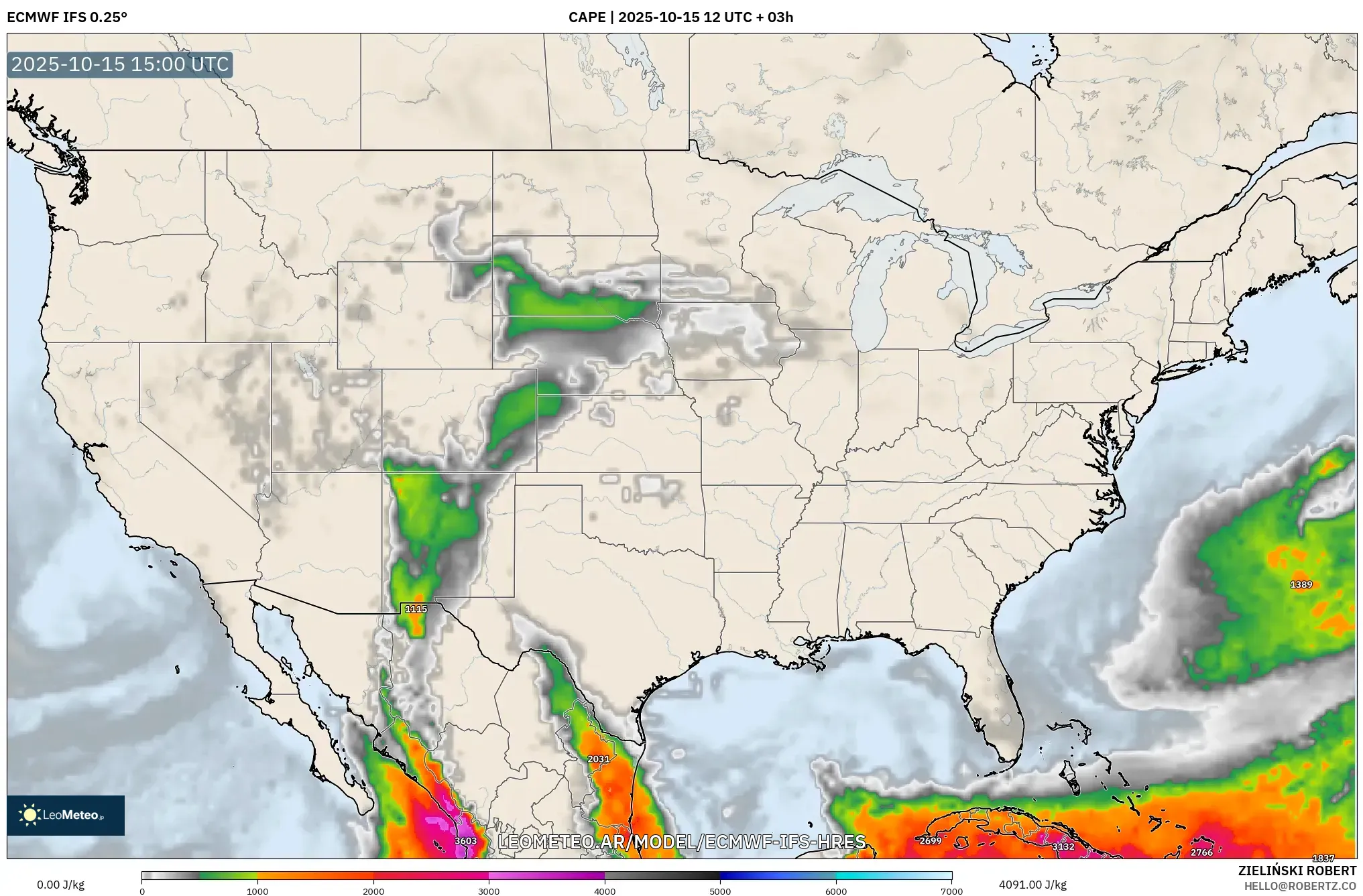 ECMWF IFS 0.25° model - Estados Unidos, CAPE ECMWF IFS 0.25° model - Estados Unidos, CAPE