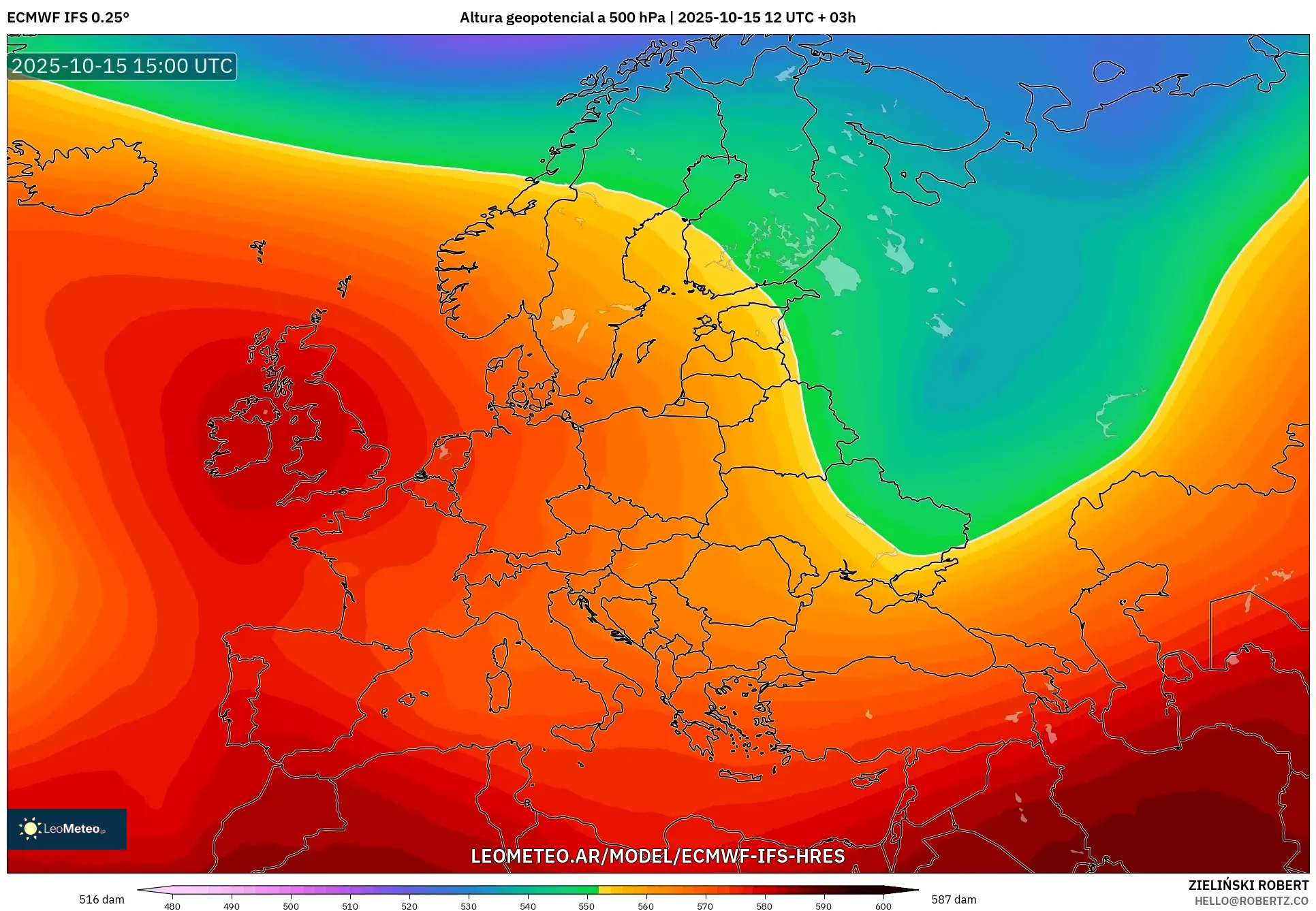 ECMWF IFS 0.25° model - Europa, Altura geopotencial a 500 hPa ECMWF IFS 0.25° model - Europa, Altura geopotencial a 500 hPa