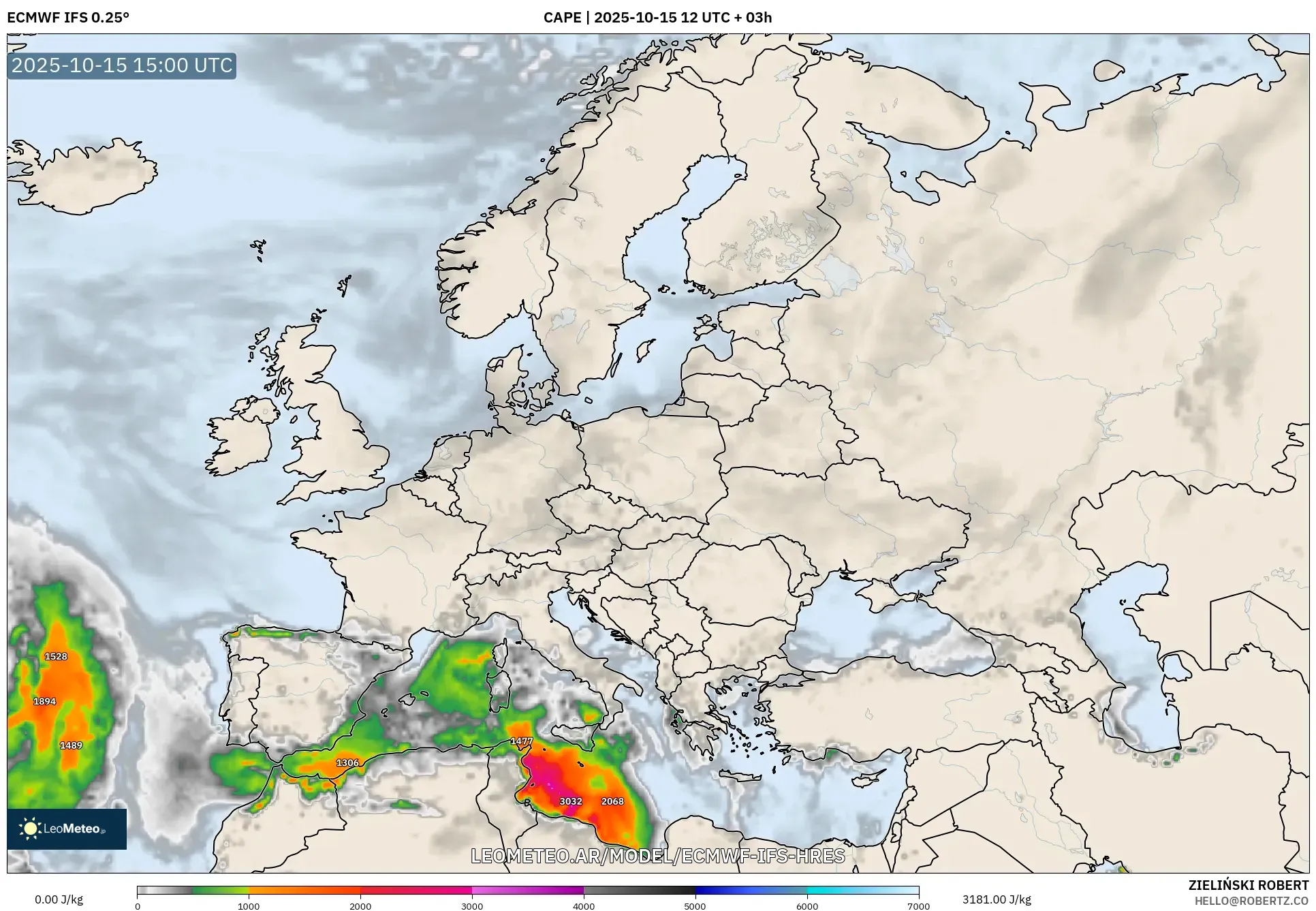 ECMWF IFS 0.25° model - Europa, CAPE ECMWF IFS 0.25° model - Europa, CAPE