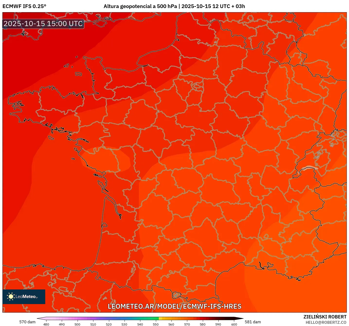 ECMWF IFS 0.25° model - Francia, Altura geopotencial a 500 hPa ECMWF IFS 0.25° model - Francia, Altura geopotencial a 500 hPa