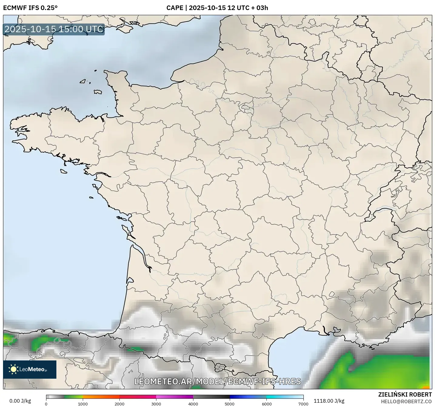 ECMWF IFS 0.25° model - Francia, CAPE ECMWF IFS 0.25° model - Francia, CAPE