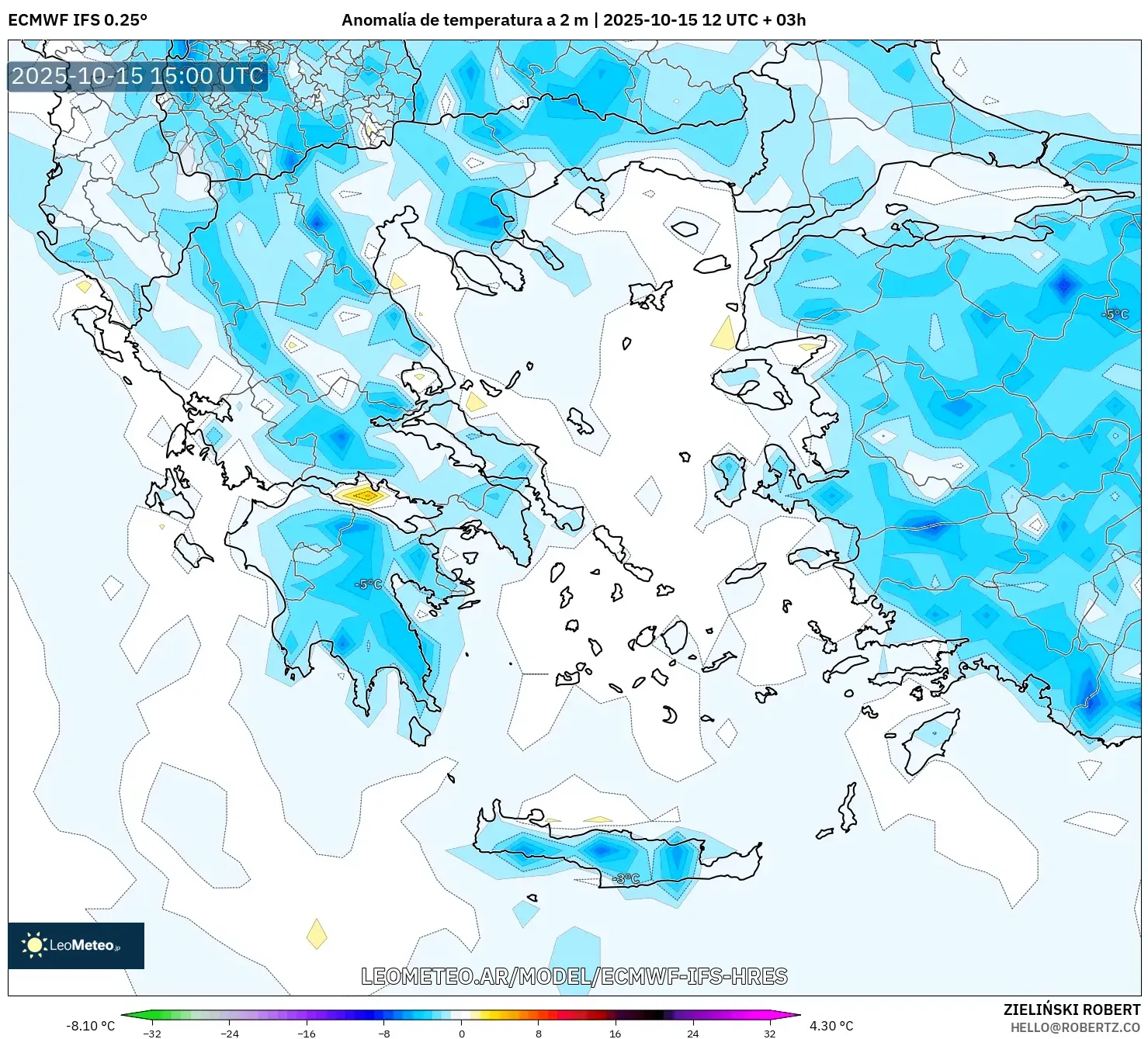 ECMWF IFS 0.25° model - Grecia, Anomalía de temperatura a 2 m ECMWF IFS 0.25° model - Grecia, Anomalía de temperatura a 2 m