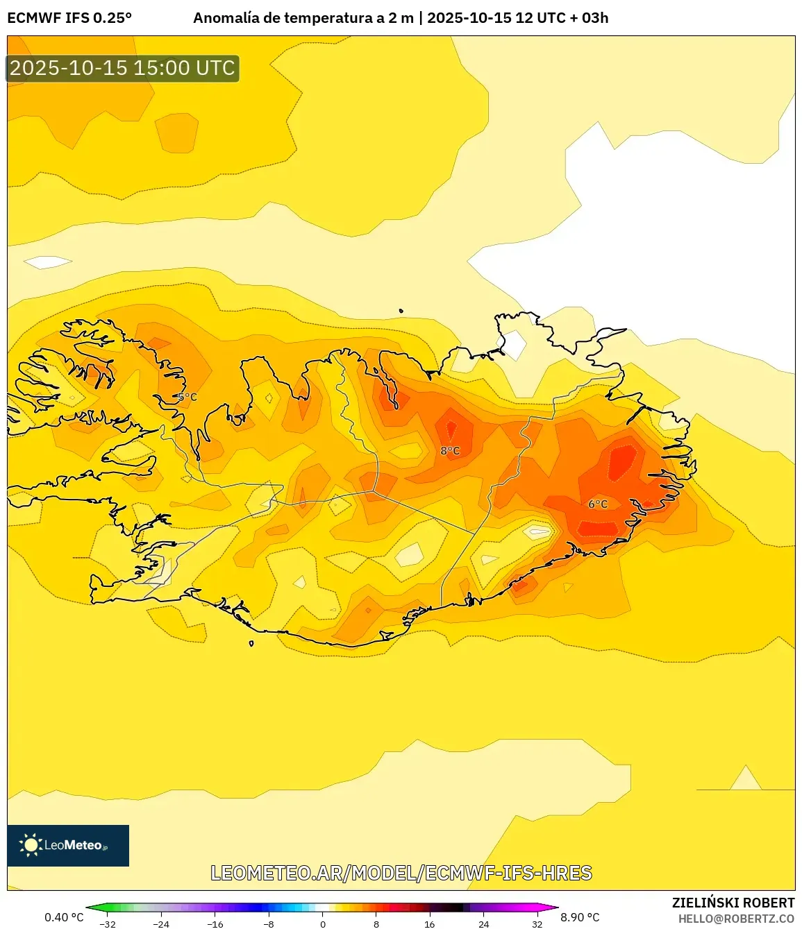 ECMWF IFS 0.25° model - Islandia, Anomalía de temperatura a 2 m ECMWF IFS 0.25° model - Islandia, Anomalía de temperatura a 2 m