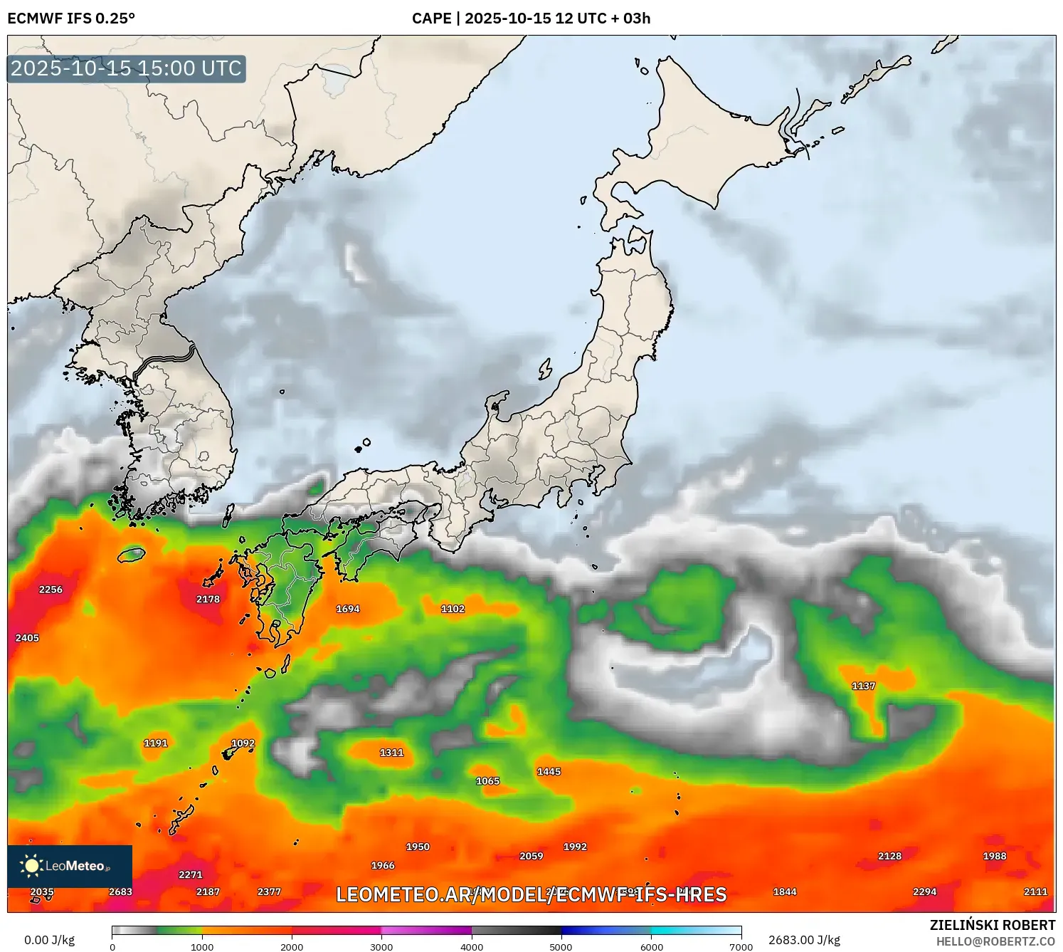 ECMWF IFS 0.25° model - Japón, CAPE ECMWF IFS 0.25° model - Japón, CAPE