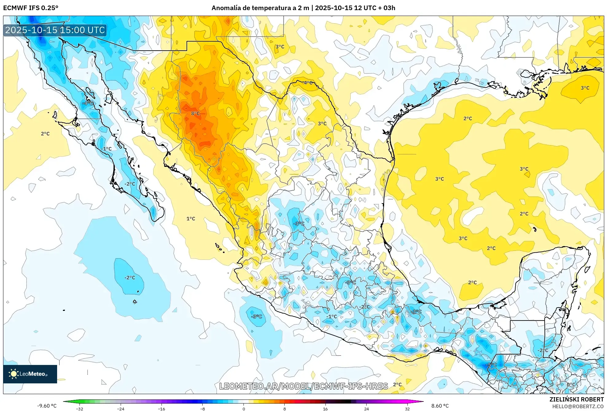 ECMWF IFS 0.25° model - México, Anomalía de temperatura a 2 m ECMWF IFS 0.25° model - México, Anomalía de temperatura a 2 m