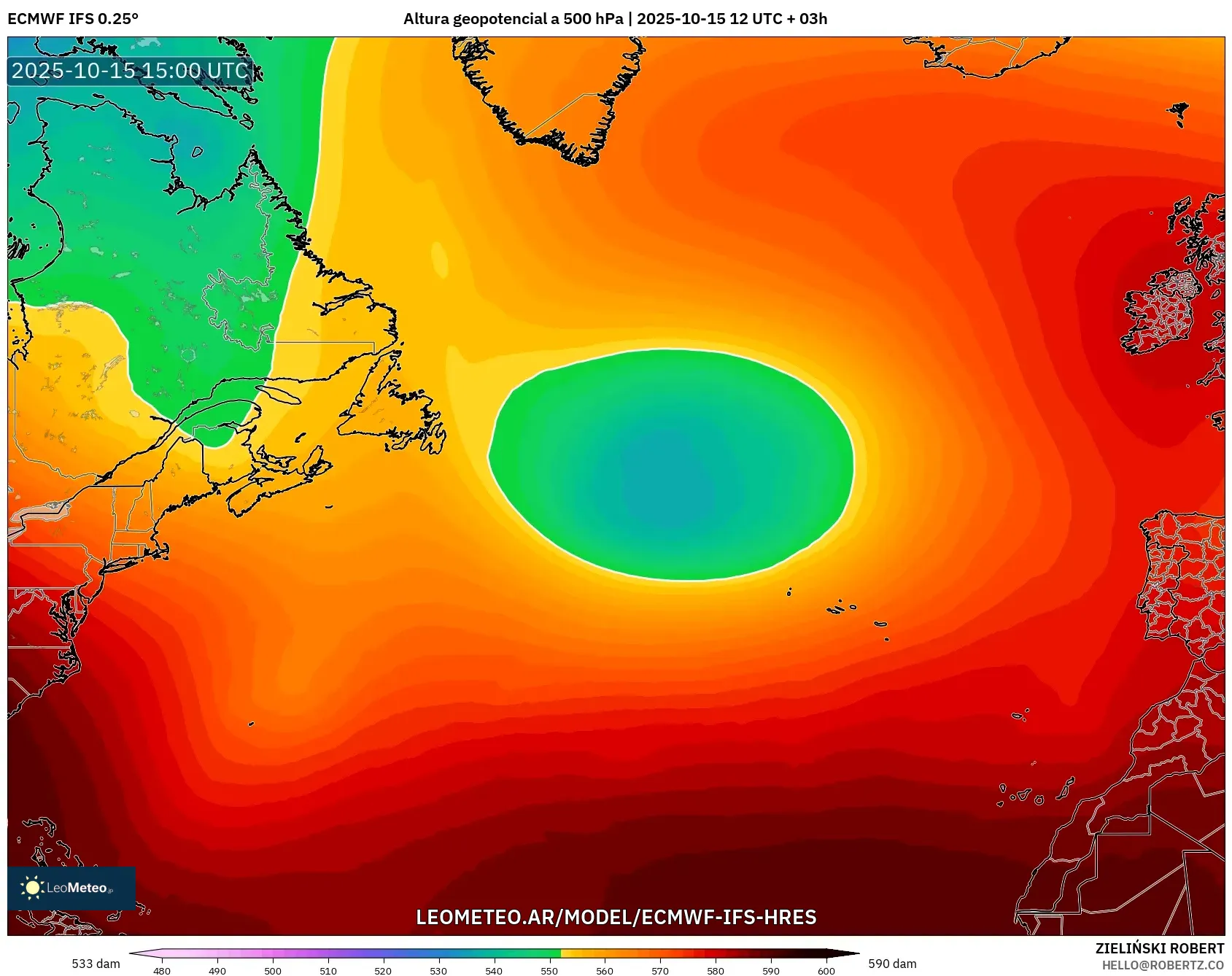 ECMWF IFS 0.25° model - Norte Atlántico, Altura geopotencial a 500 hPa ECMWF IFS 0.25° model - Norte Atlántico, Altura geopotencial a 500 hPa