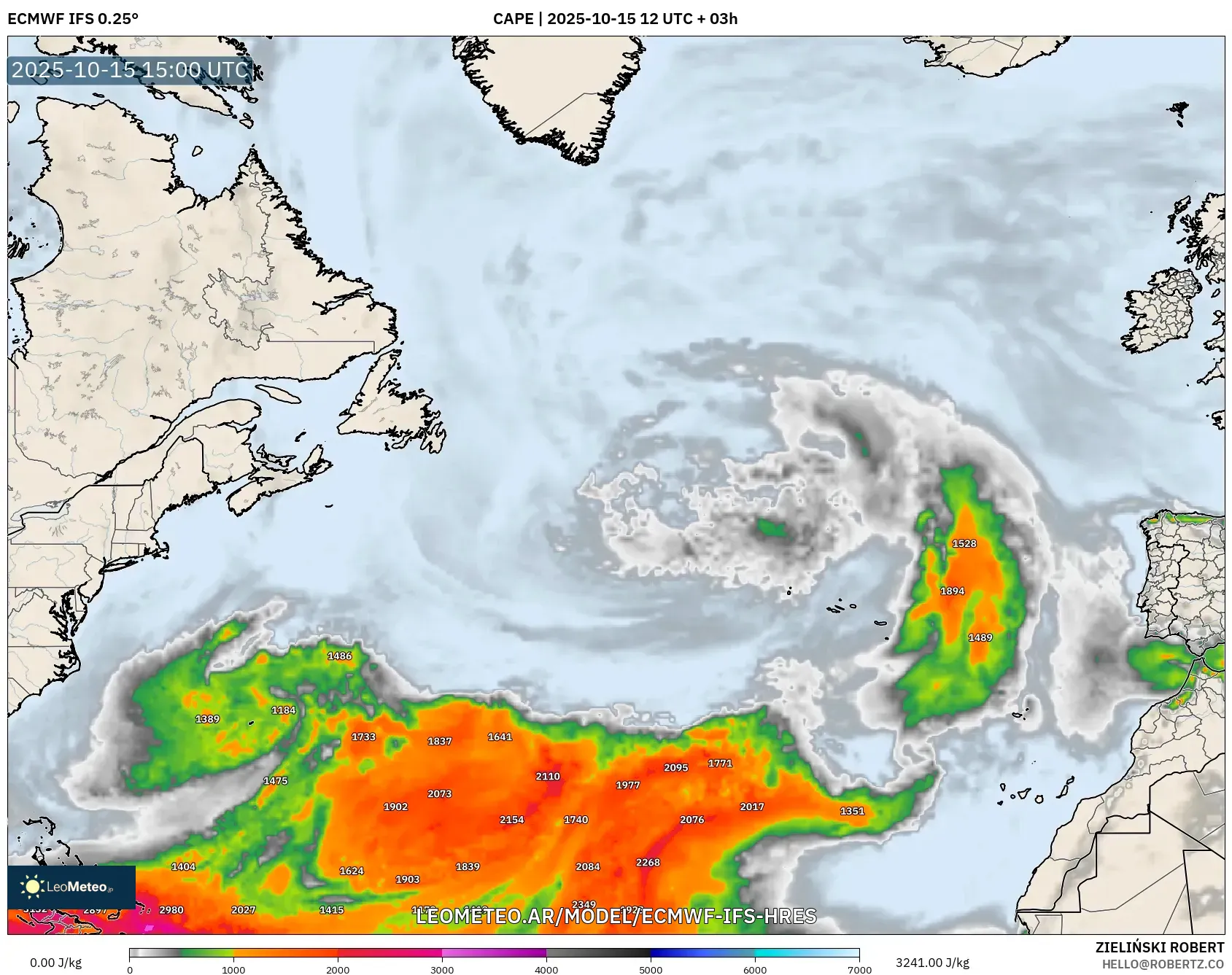 ECMWF IFS 0.25° model - Norte Atlántico, CAPE ECMWF IFS 0.25° model - Norte Atlántico, CAPE