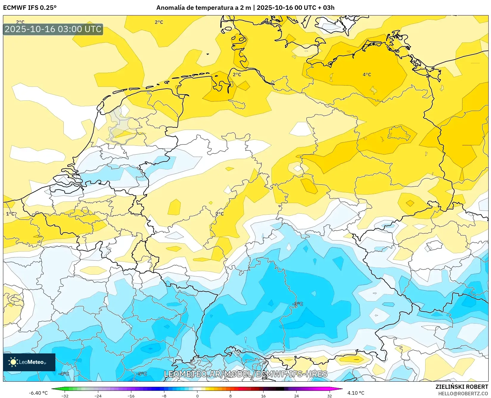 ECMWF IFS 0.25° model - Alemania, Anomalía de temperatura a 2 m ECMWF IFS 0.25° model - Alemania, Anomalía de temperatura a 2 m