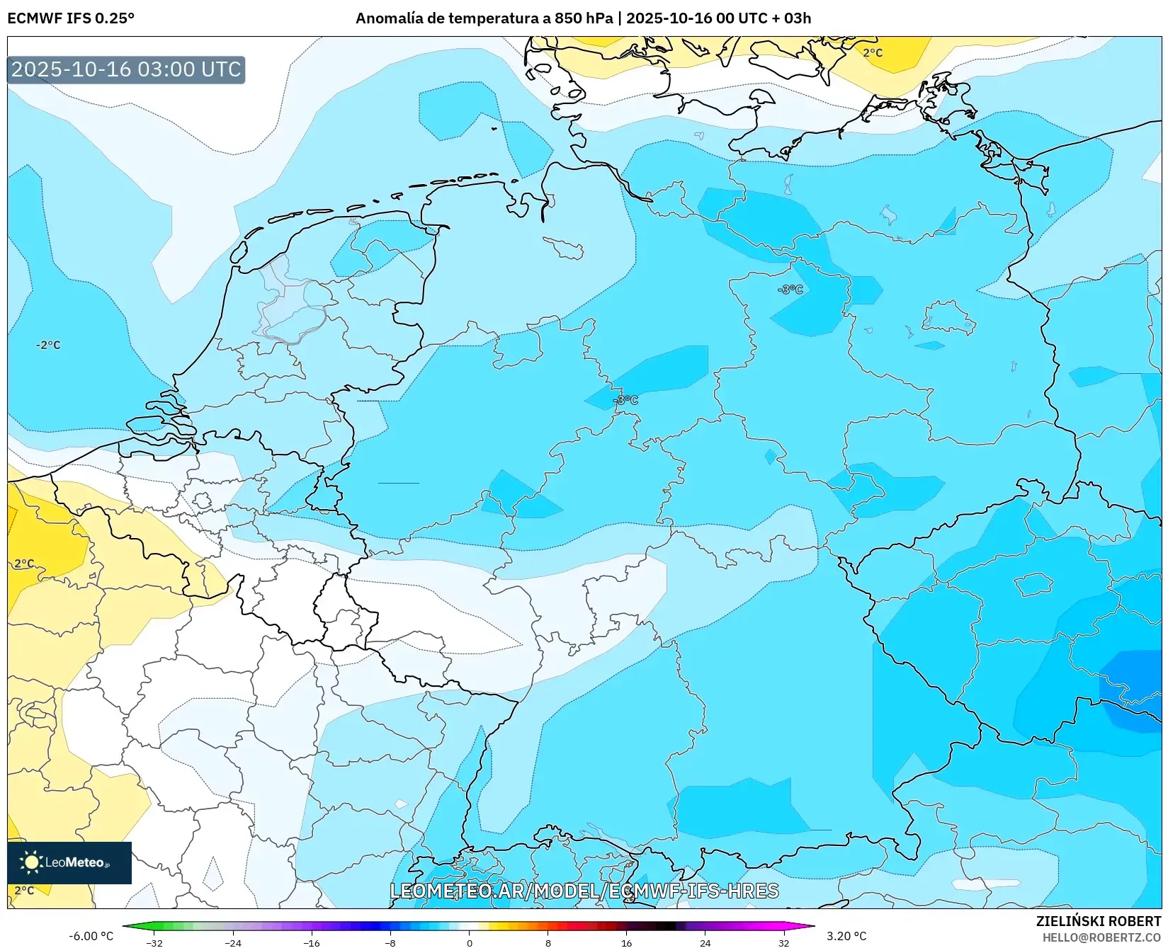 ECMWF IFS 0.25° model - Alemania, Anomalía de temperatura a 850 hPa ECMWF IFS 0.25° model - Alemania, Anomalía de temperatura a 850 hPa
