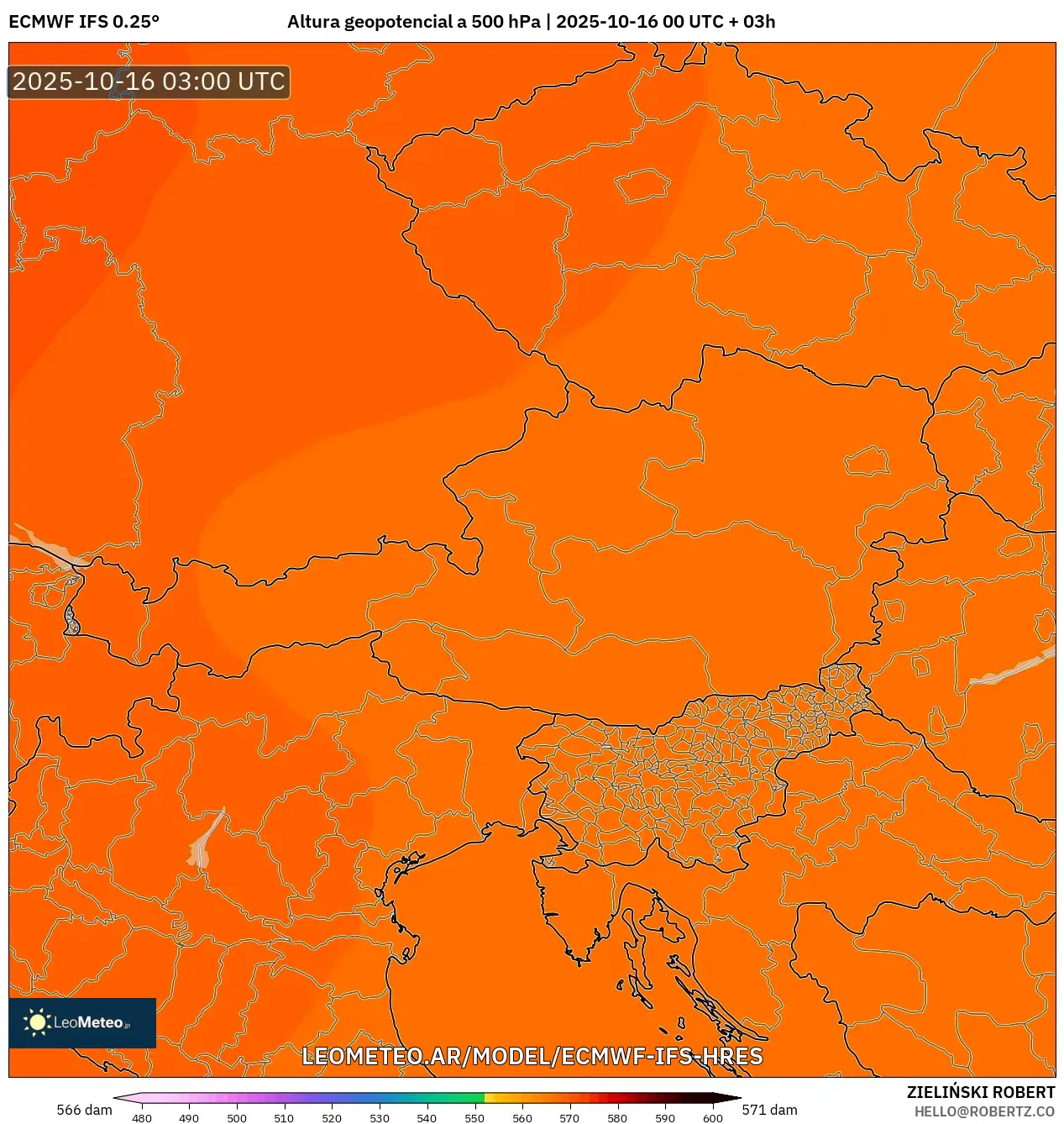 ECMWF IFS 0.25° model - Austria, Altura geopotencial a 500 hPa ECMWF IFS 0.25° model - Austria, Altura geopotencial a 500 hPa