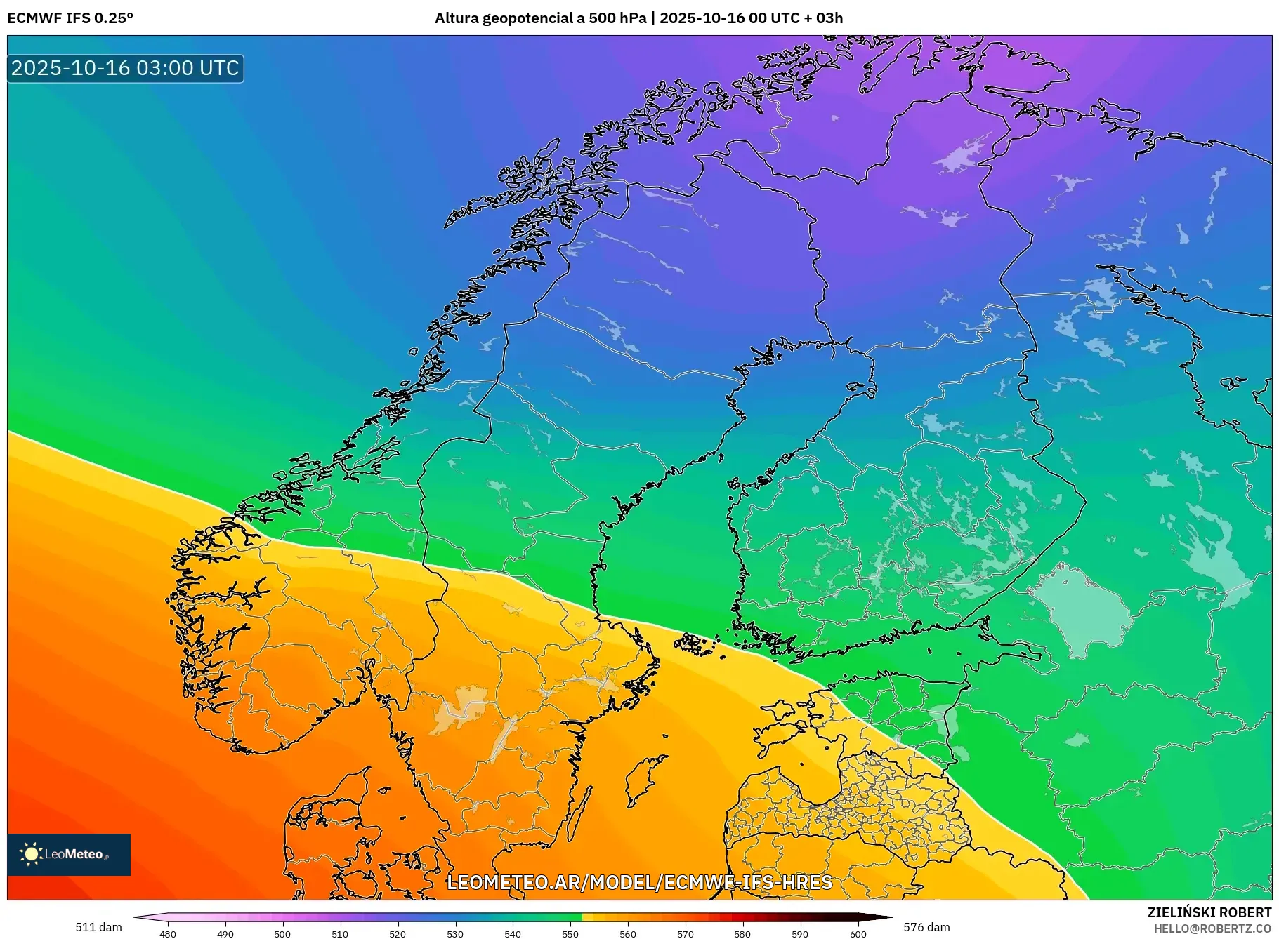 ECMWF IFS 0.25° model - Escandinavia, Altura geopotencial a 500 hPa ECMWF IFS 0.25° model - Escandinavia, Altura geopotencial a 500 hPa