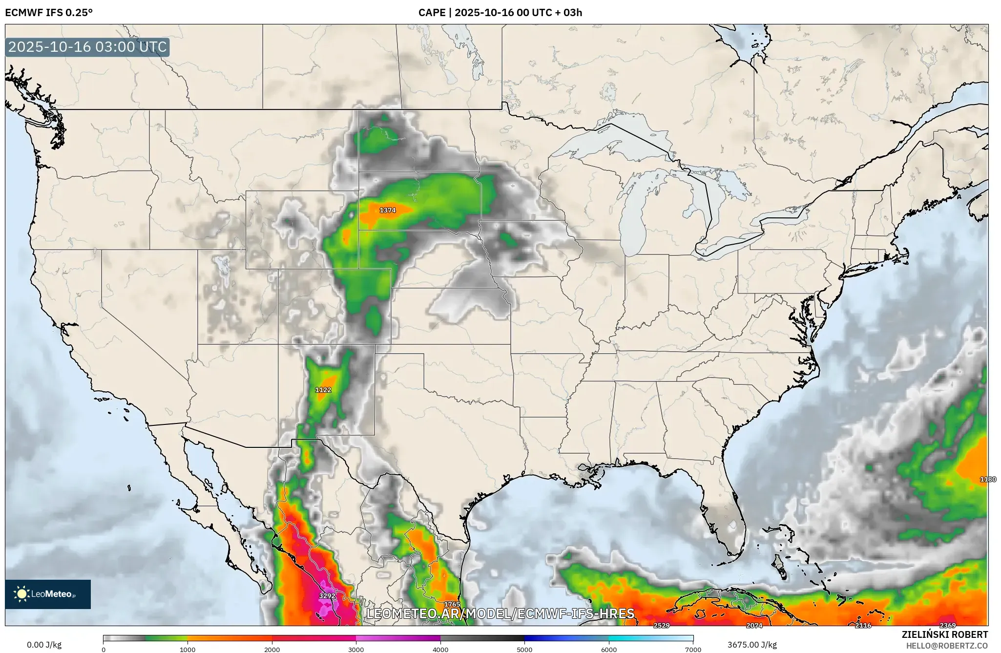 ECMWF IFS 0.25° model - Estados Unidos, CAPE ECMWF IFS 0.25° model - Estados Unidos, CAPE