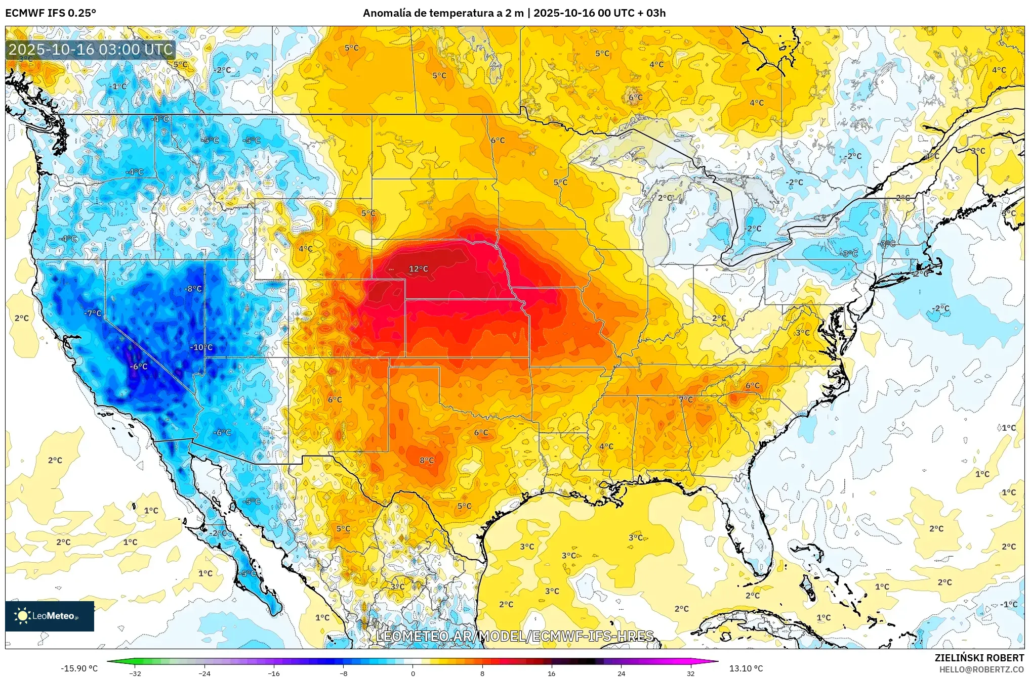 ECMWF IFS 0.25° model - Estados Unidos, Anomalía de temperatura a 2 m ECMWF IFS 0.25° model - Estados Unidos, Anomalía de temperatura a 2 m