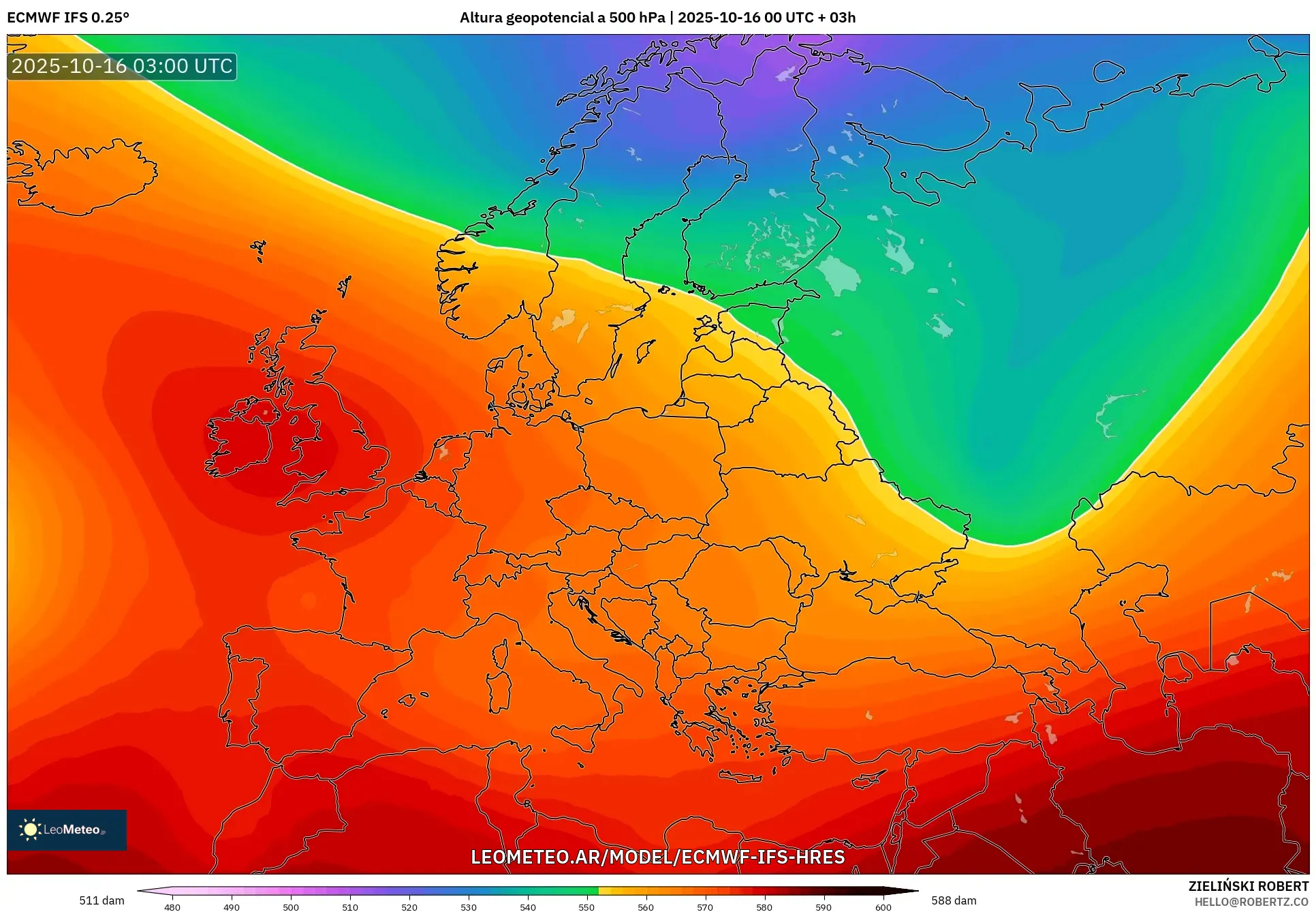 ECMWF IFS 0.25° model - Europa, Altura geopotencial a 500 hPa ECMWF IFS 0.25° model - Europa, Altura geopotencial a 500 hPa