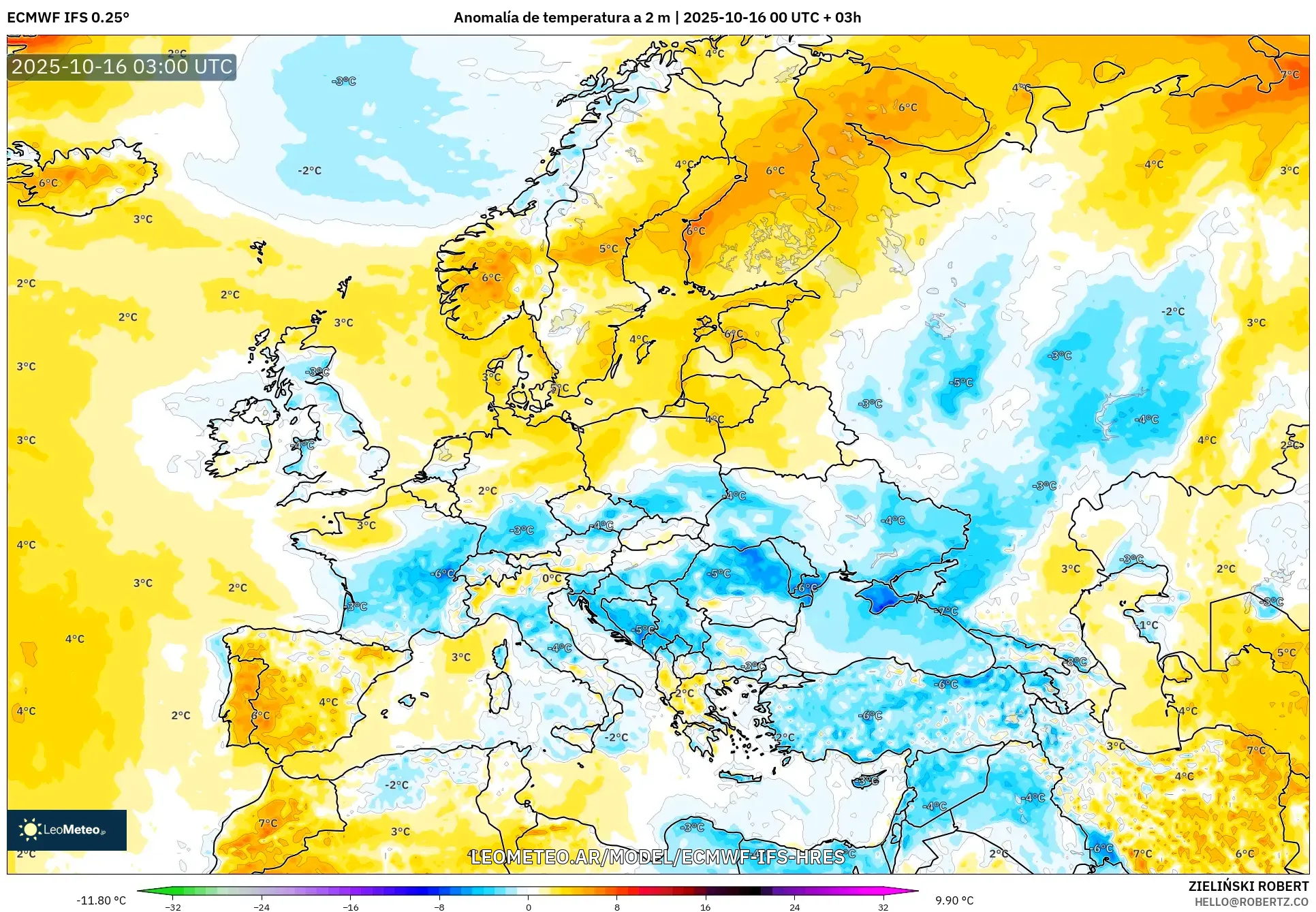 ECMWF IFS 0.25° model - Europa, Anomalía de temperatura a 2 m ECMWF IFS 0.25° model - Europa, Anomalía de temperatura a 2 m