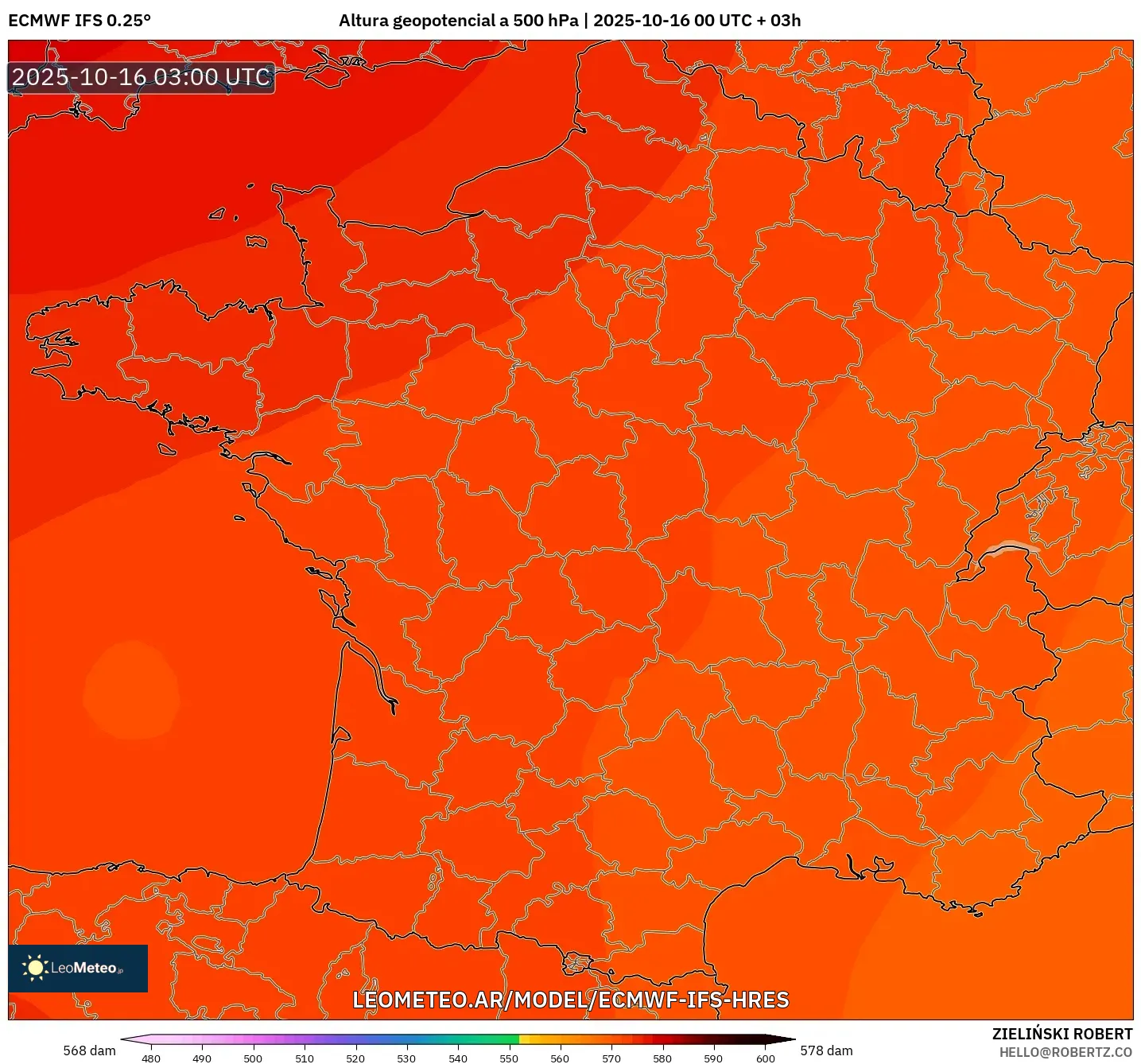 ECMWF IFS 0.25° model - Francia, Altura geopotencial a 500 hPa