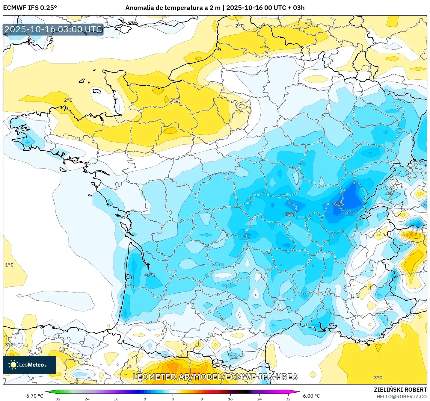 ECMWF IFS 0.25° model - Francia, Anomalía de temperatura a 2 m ECMWF IFS 0.25° model - Francia, Anomalía de temperatura a 2 m