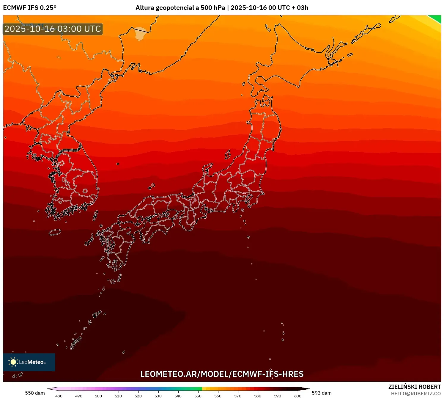 ECMWF IFS 0.25° model - Japón, Altura geopotencial a 500 hPa ECMWF IFS 0.25° model - Japón, Altura geopotencial a 500 hPa