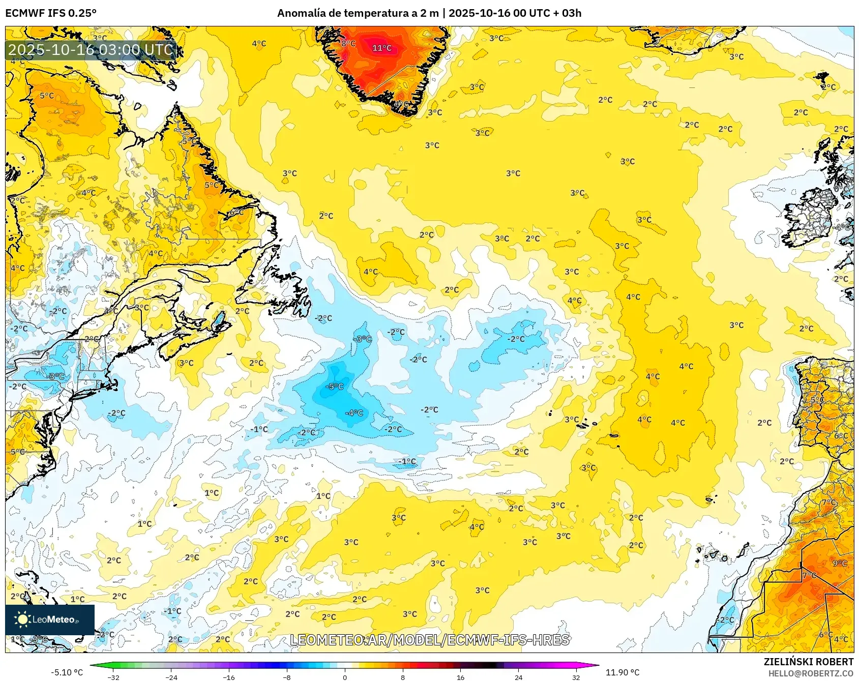 ECMWF IFS 0.25° model - Norte Atlántico, Anomalía de temperatura a 2 m ECMWF IFS 0.25° model - Norte Atlántico, Anomalía de temperatura a 2 m