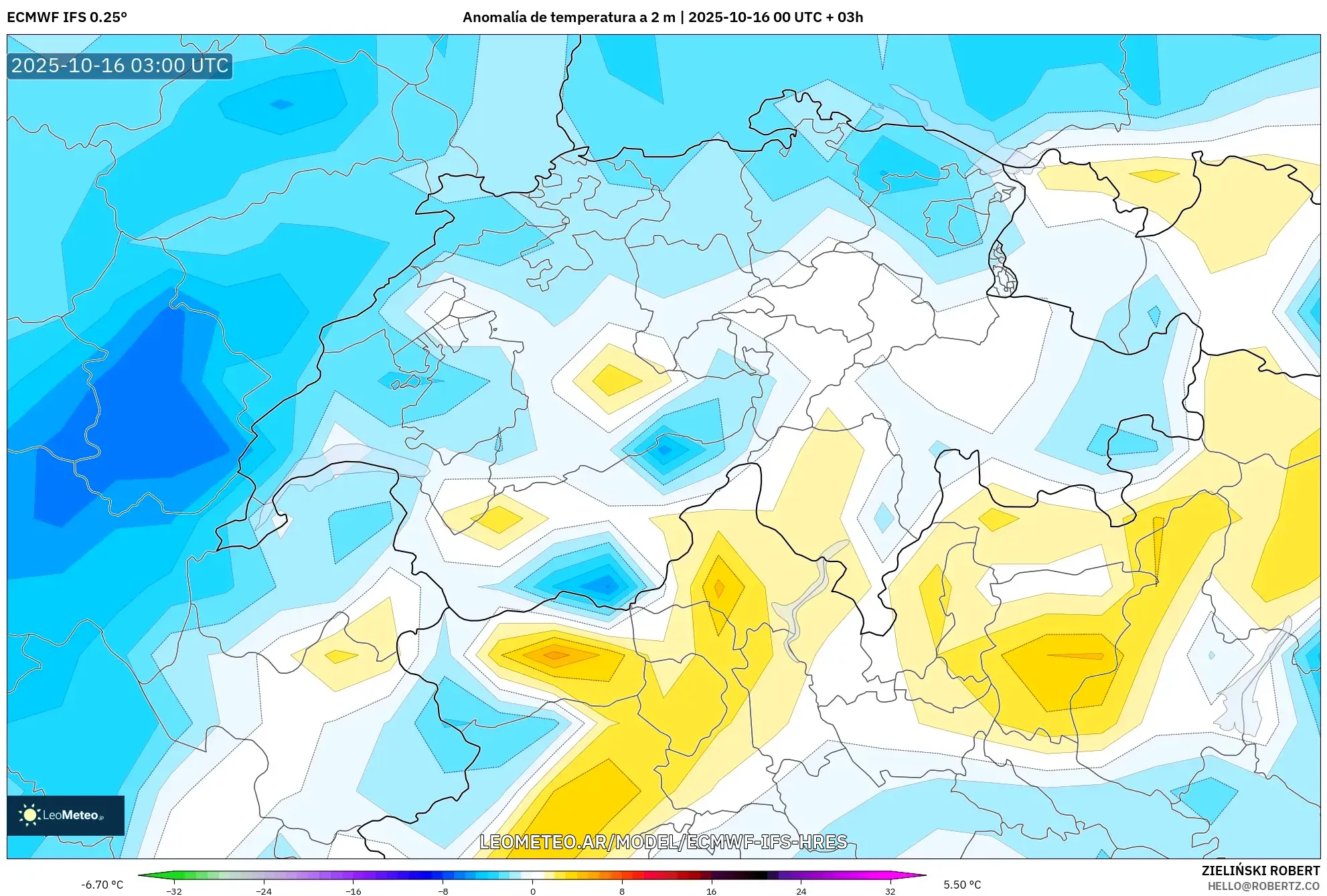 ECMWF IFS 0.25° model - Suiza, Anomalía de temperatura a 2 m ECMWF IFS 0.25° model - Suiza, Anomalía de temperatura a 2 m