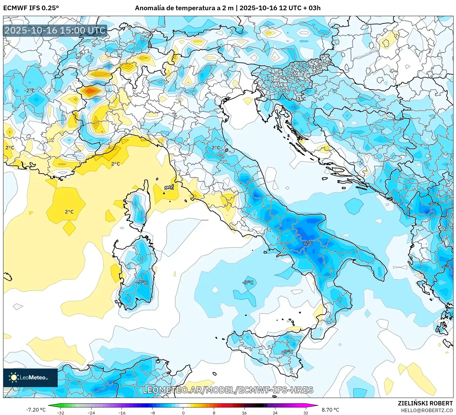 ECMWF IFS 0.25° model - Italia, Anomalía de temperatura a 2 m ECMWF IFS 0.25° model - Italia, Anomalía de temperatura a 2 m