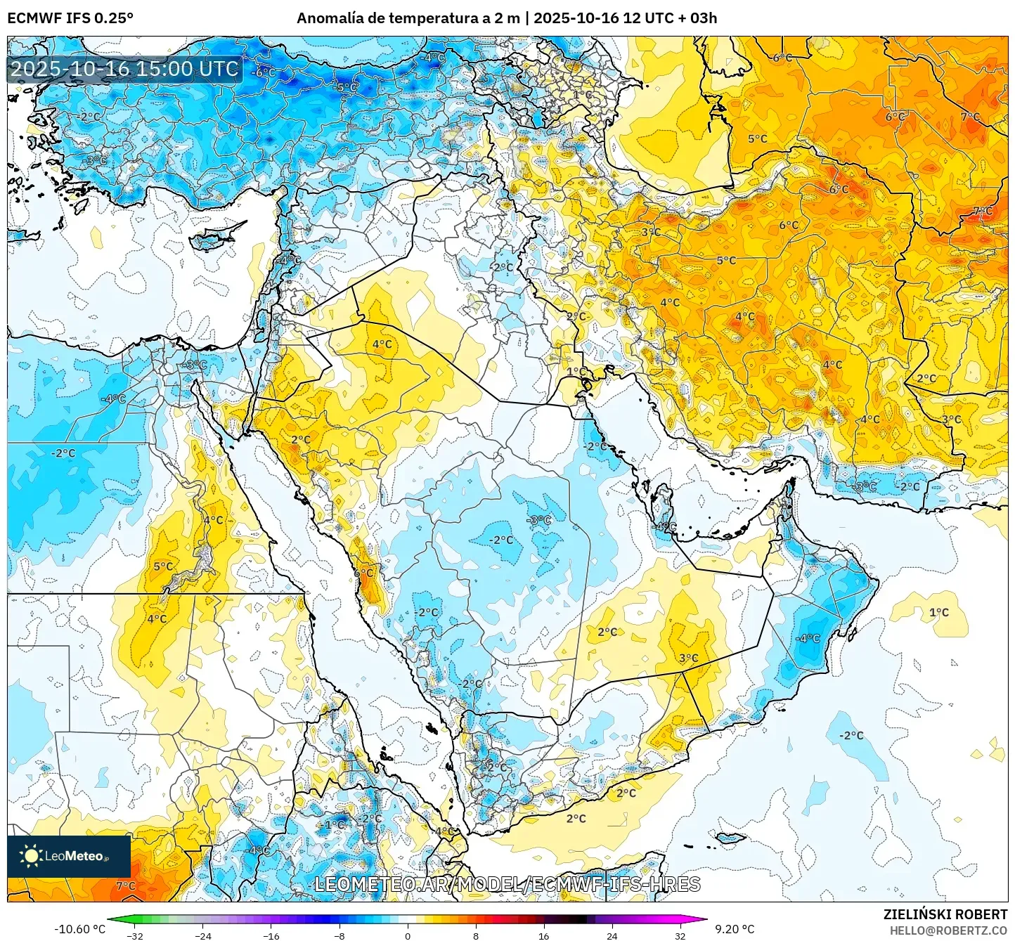ECMWF IFS 0.25° model - Oriente Medio, Anomalía de temperatura a 2 m