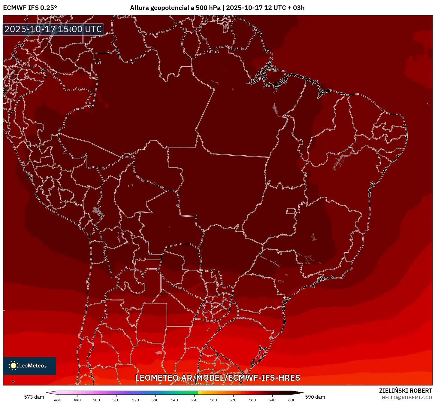ECMWF IFS 0.25° model - Brasil, Altura geopotencial a 500 hPa ECMWF IFS 0.25° model - Brasil, Altura geopotencial a 500 hPa