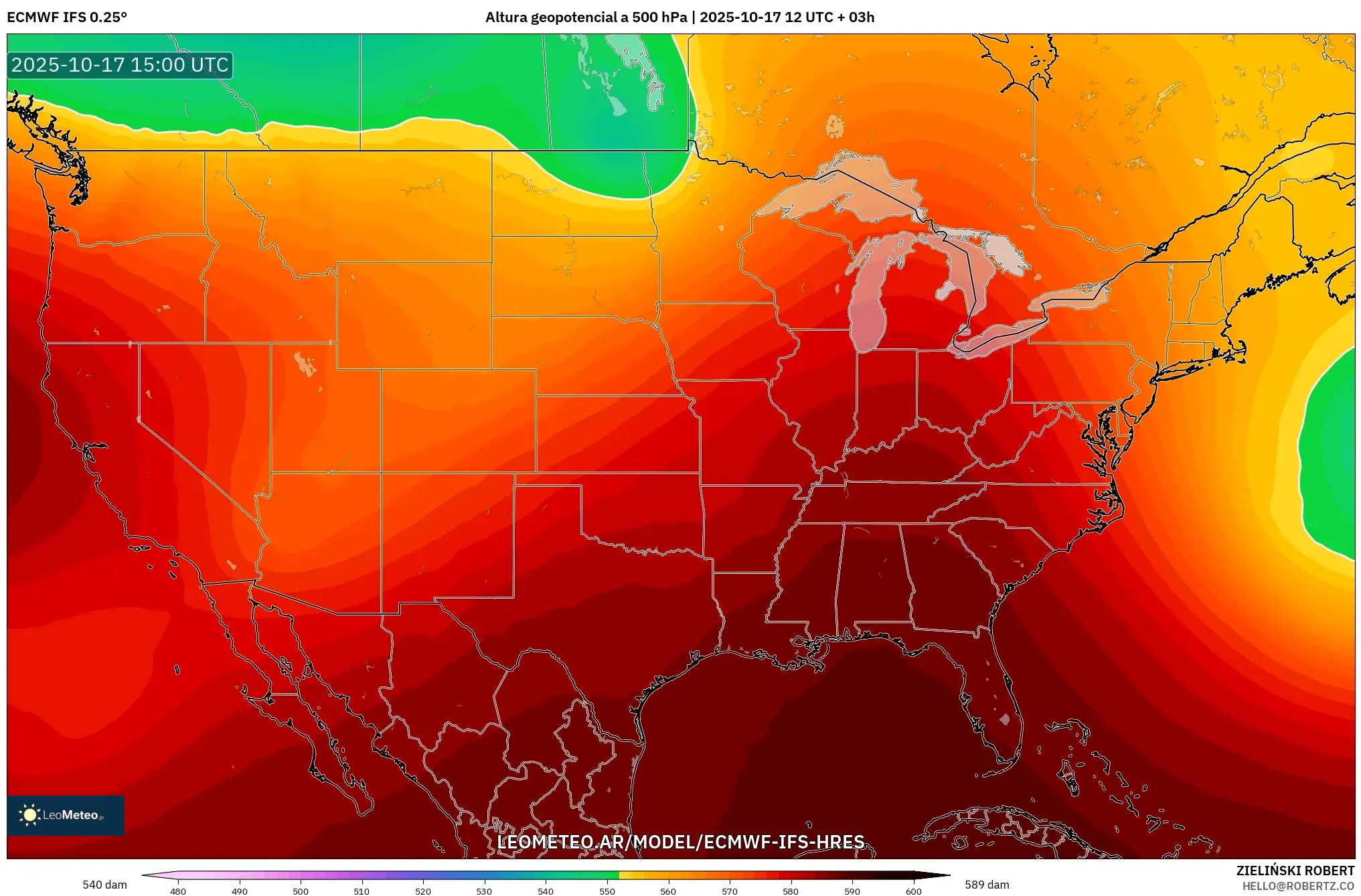 ECMWF IFS 0.25° model - Estados Unidos, Altura geopotencial a 500 hPa ECMWF IFS 0.25° model - Estados Unidos, Altura geopotencial a 500 hPa