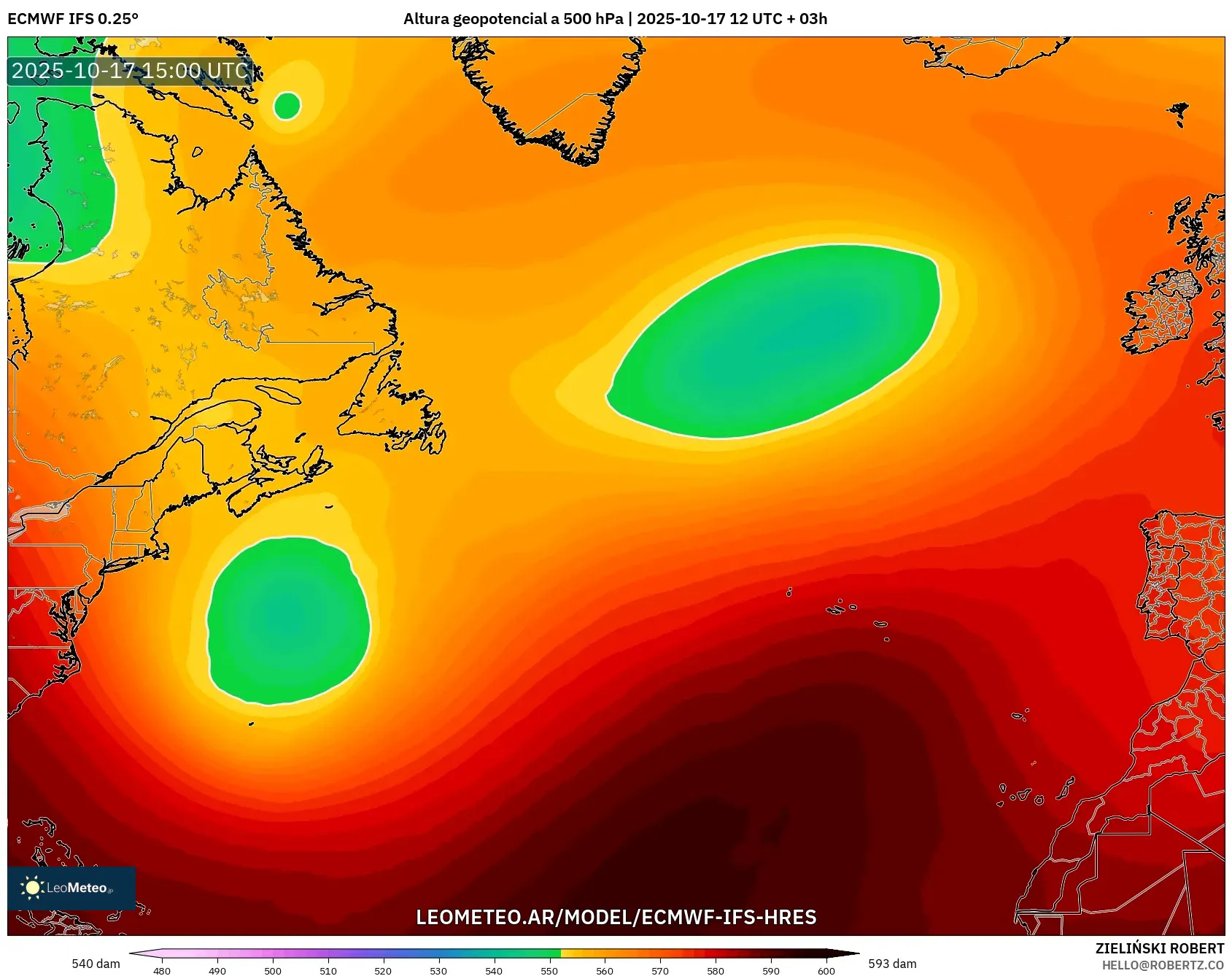 ECMWF IFS 0.25° model - Norte Atlántico, Altura geopotencial a 500 hPa ECMWF IFS 0.25° model - Norte Atlántico, Altura geopotencial a 500 hPa