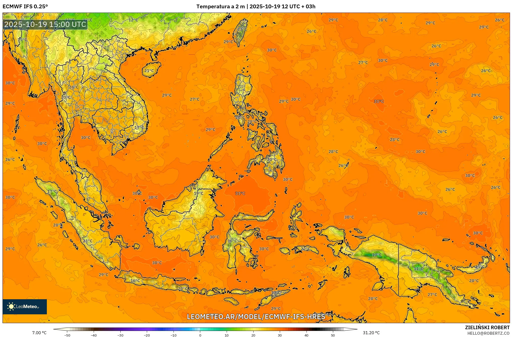 ECMWF IFS 0.25° model - Sudeste Asiático, Temperatura a 2 m ECMWF IFS 0.25° model - Sudeste Asiático, Temperatura a 2 m