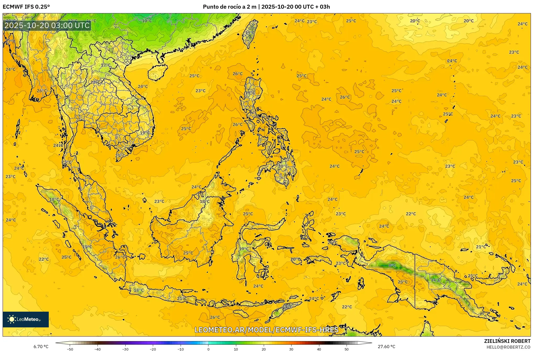 ECMWF IFS 0.25° model - Sudeste Asiático, Punto de rocío a 2 m ECMWF IFS 0.25° model - Sudeste Asiático, Punto de rocío a 2 m