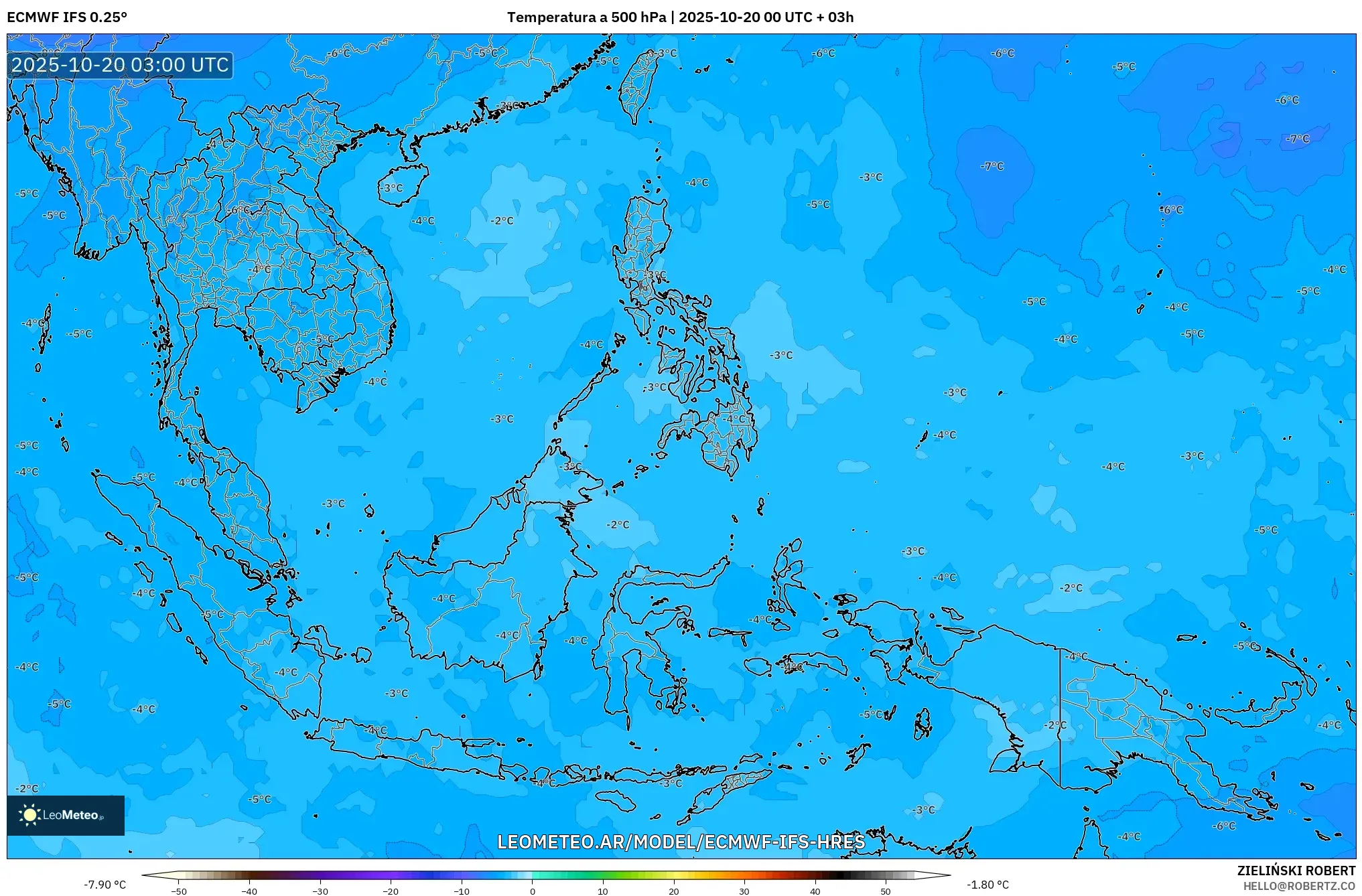ECMWF IFS 0.25° model - Sudeste Asiático, Temperatura a 500 hPa ECMWF IFS 0.25° model - Sudeste Asiático, Temperatura a 500 hPa