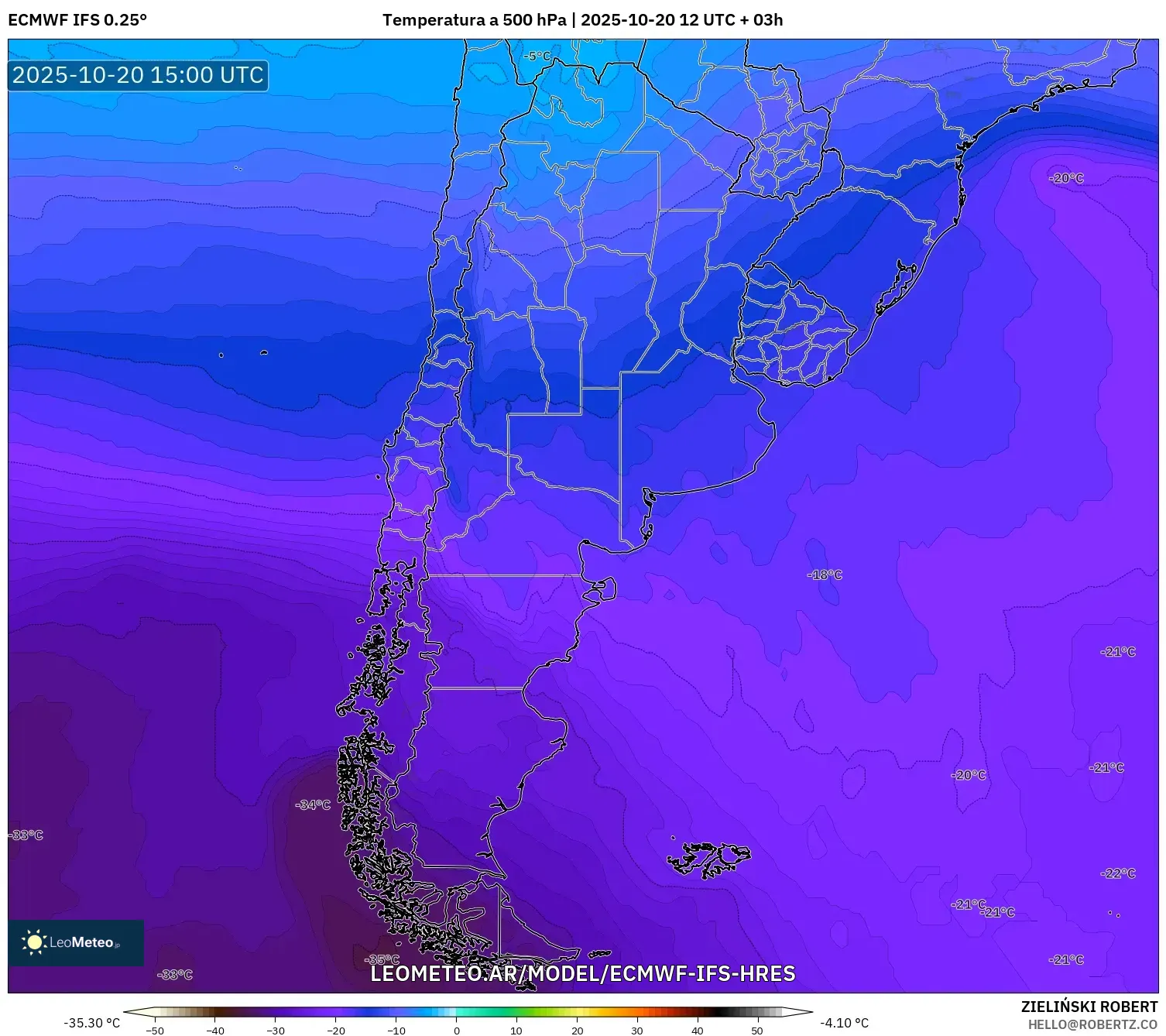ECMWF IFS 0.25° model - Argentina, Temperatura a 500 hPa ECMWF IFS 0.25° model - Argentina, Temperatura a 500 hPa