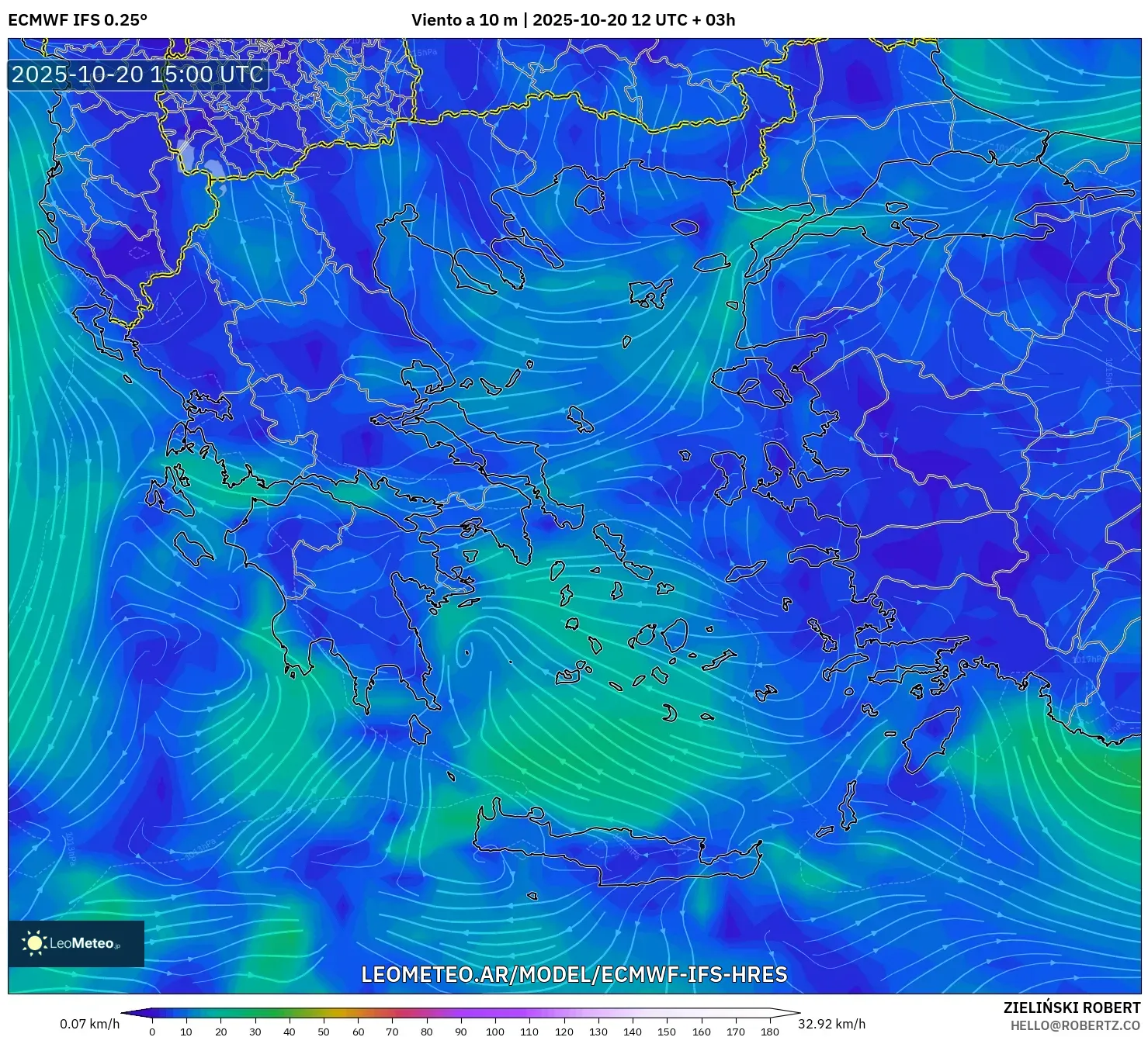 ECMWF IFS 0.25° model - Grecia, Viento a 10 m ECMWF IFS 0.25° model - Grecia, Viento a 10 m